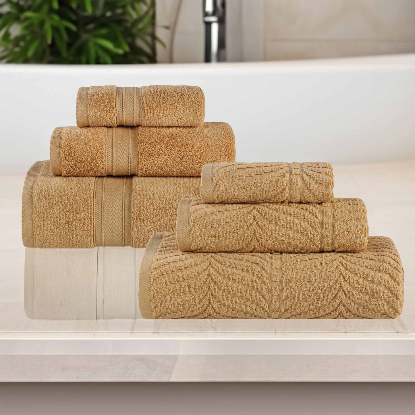 Chevron Zero Twist Solid and Jacquard Soft Cotton 6 Piece Towel Set - Gold