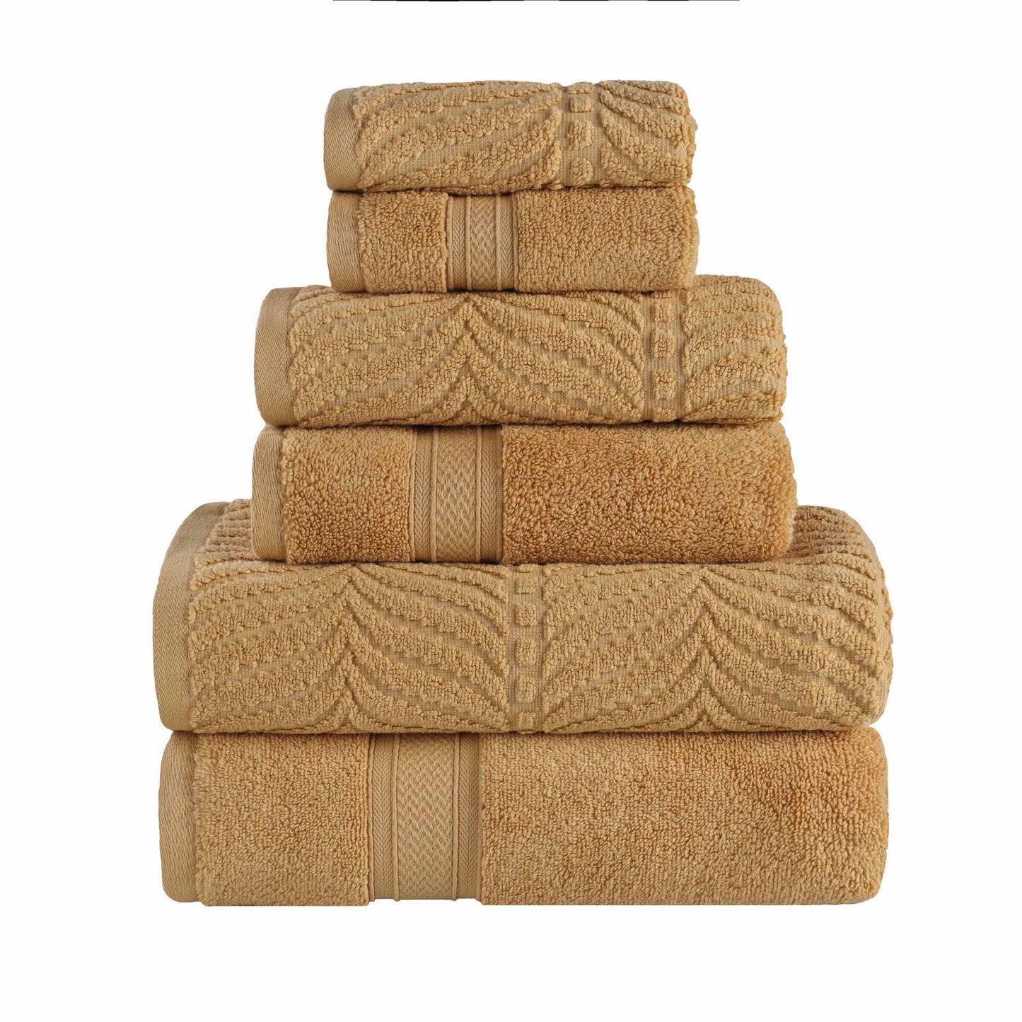 Chevron Zero Twist Solid and Jacquard Soft Cotton 6 Piece Towel Set - Gold
