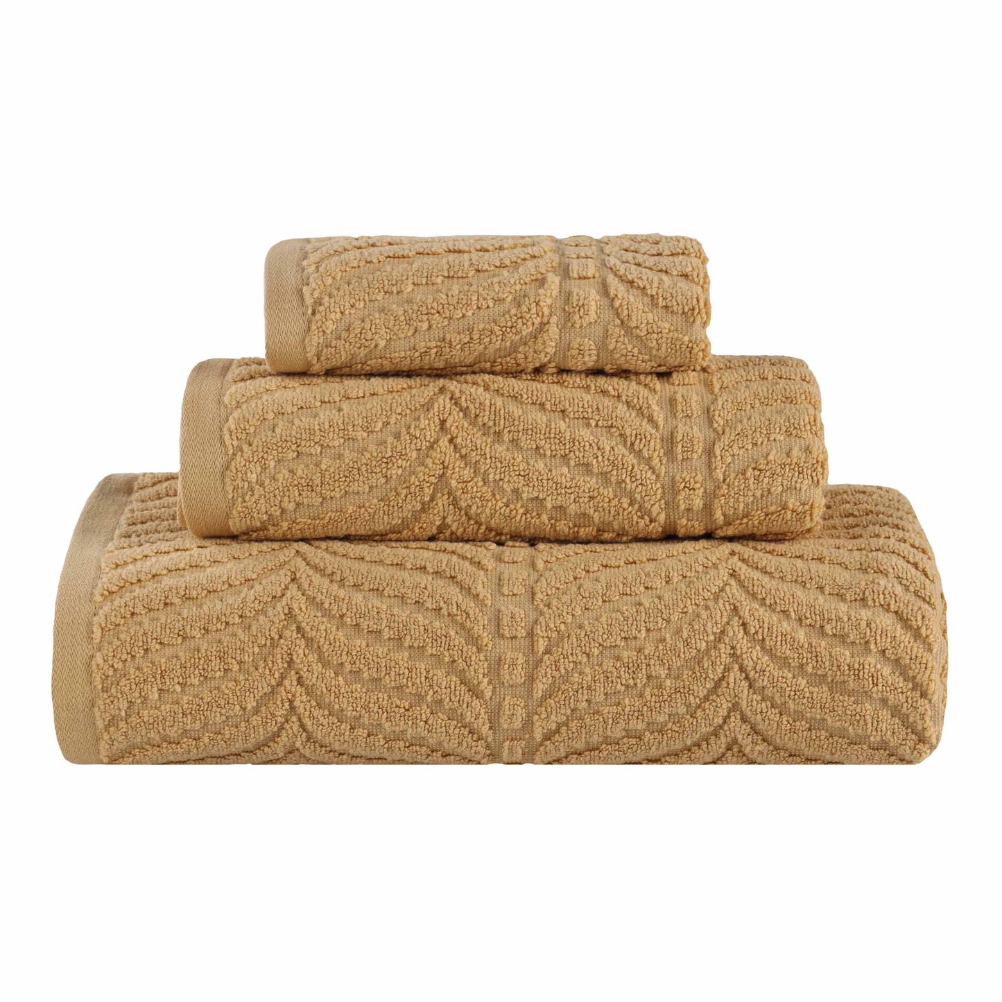 Chevron Zero Twist Jaquard Cotton 3 Piece Bathroom Towel Set - Gold