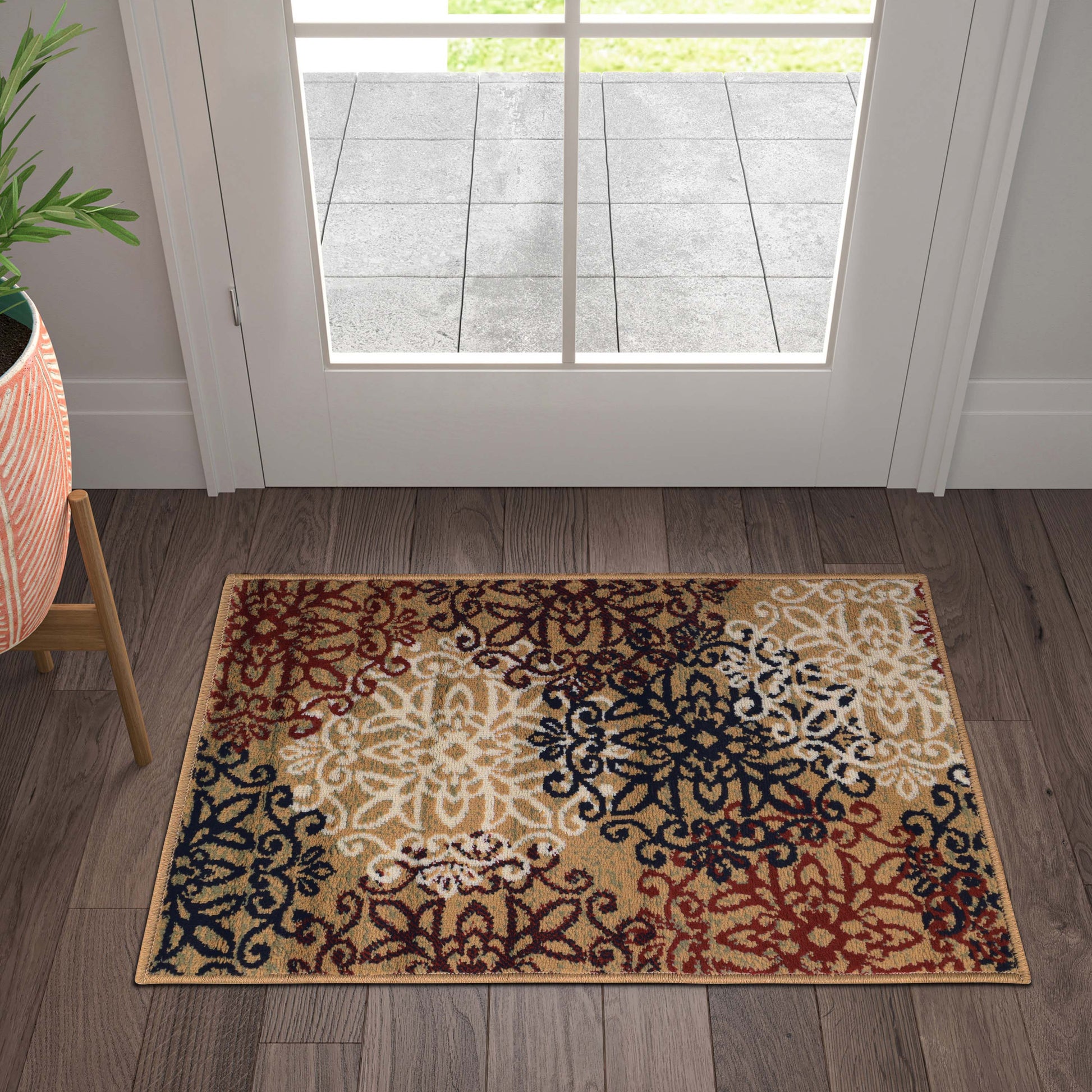 Leigh Traditional Floral Scroll Indoor Area Rug or Runner Rug Or Door Mat - Gold