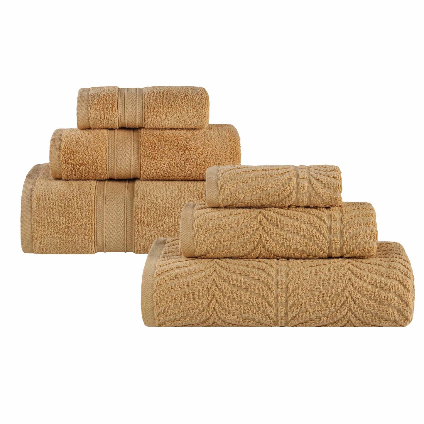 Chevron Zero Twist Solid and Jacquard Soft Cotton 6 Piece Towel Set - Gold