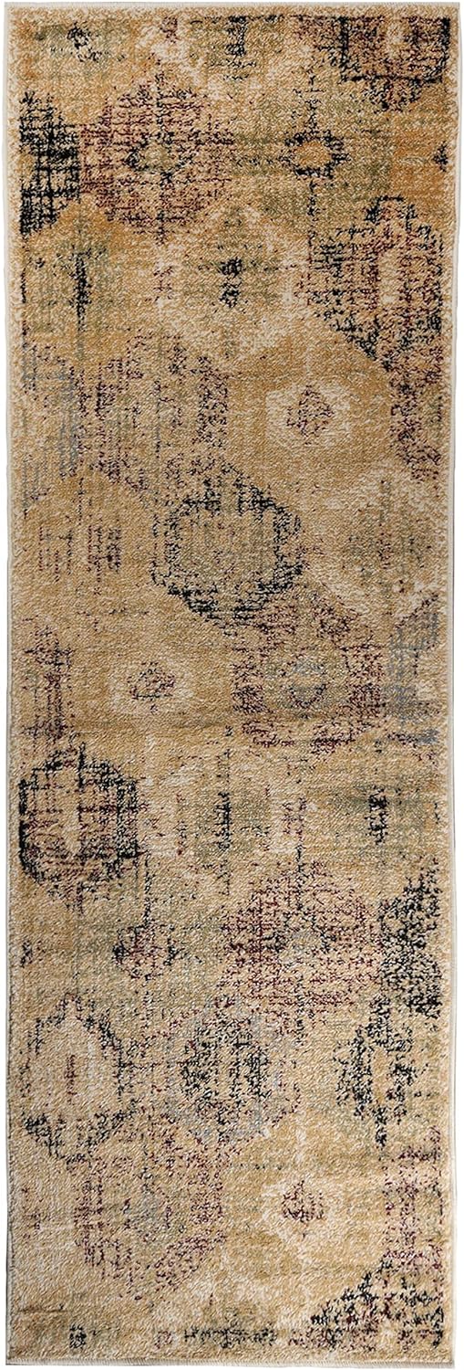Arabella Heavily Distressed Retro Geometric Area Rug or Runner - Gold
