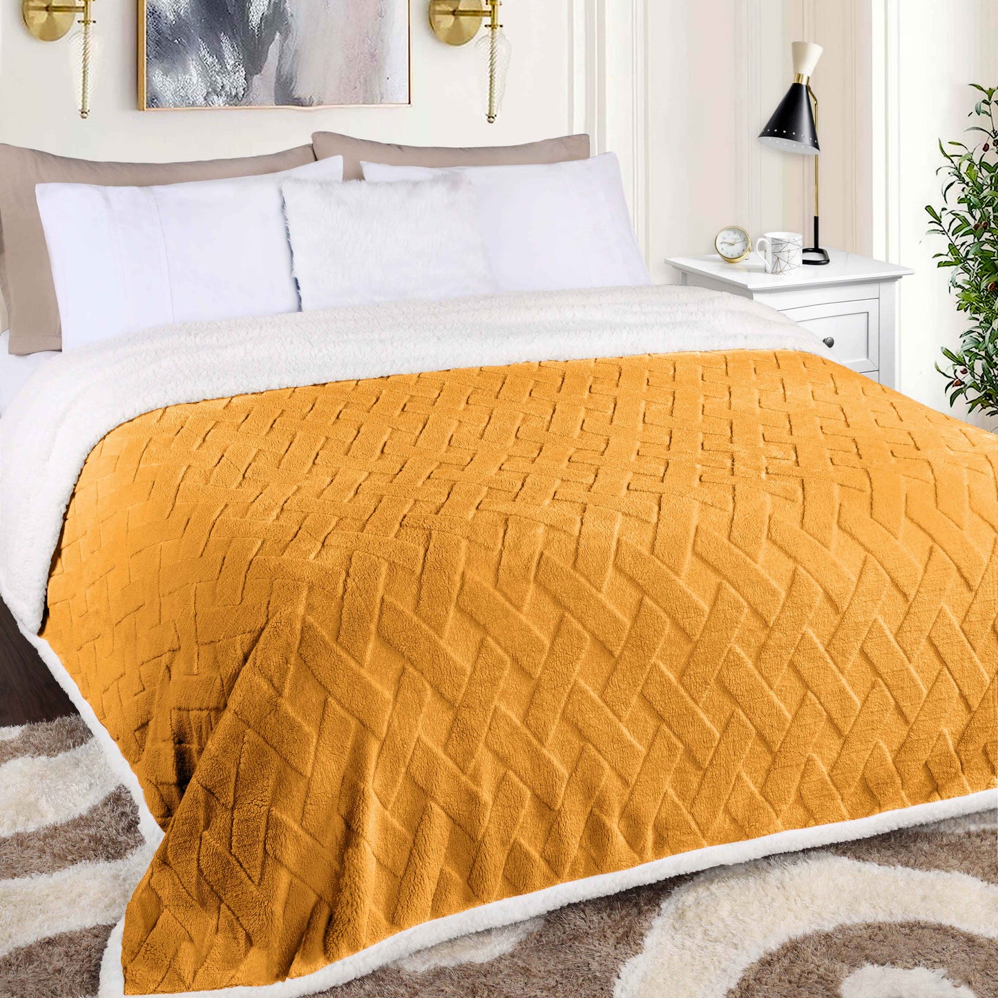 Nuuk Jacquard Lattice Fleece Plush Fluffy Sherpa Reversible Blanket - Gold