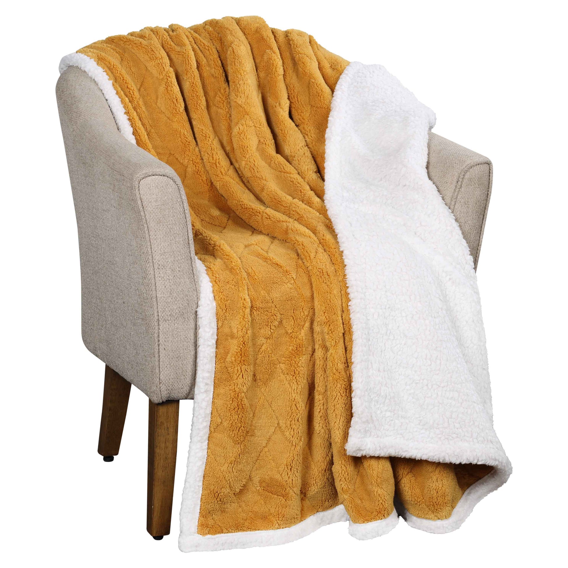 Nuuk Jacquard Lattice Fleece Plush Fluffy Sherpa Reversible Blanket - Gold