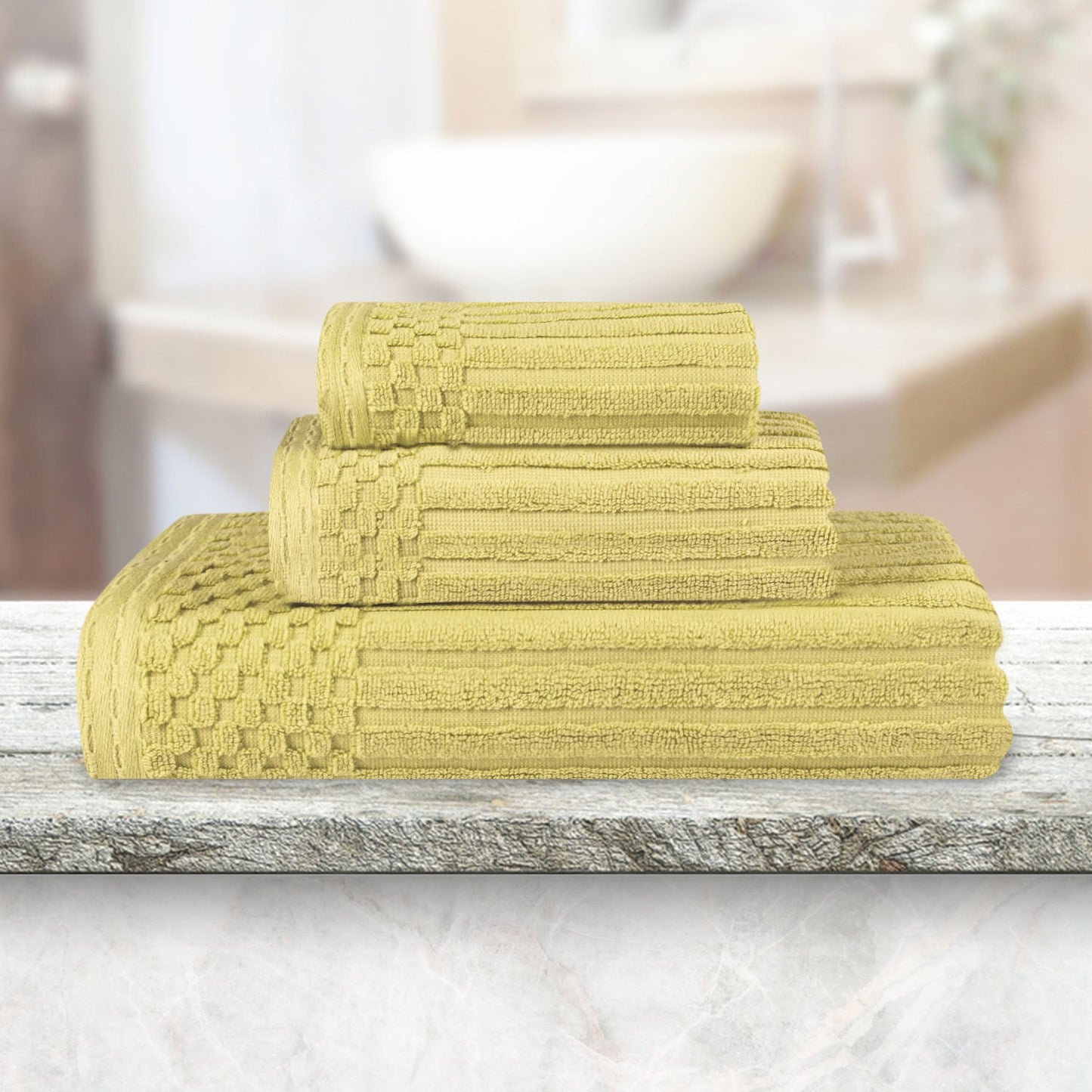 Soho Ribbed Cotton Absorbent 3 Piece Assorted Towel Set - GoldenMist
