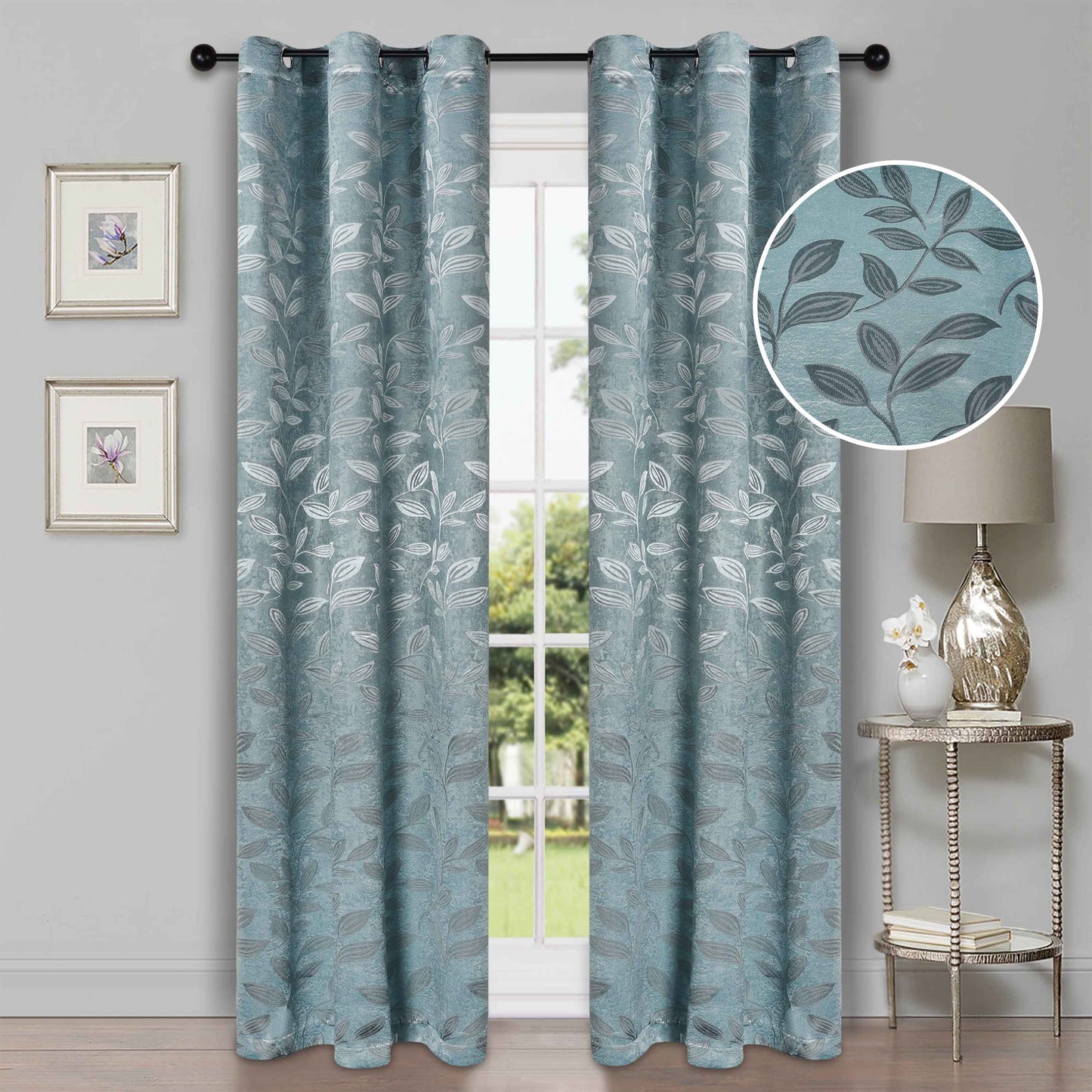 Leaves Machine Washable Room Darkening Blackout Curtains, Set of 2 - GreenLily