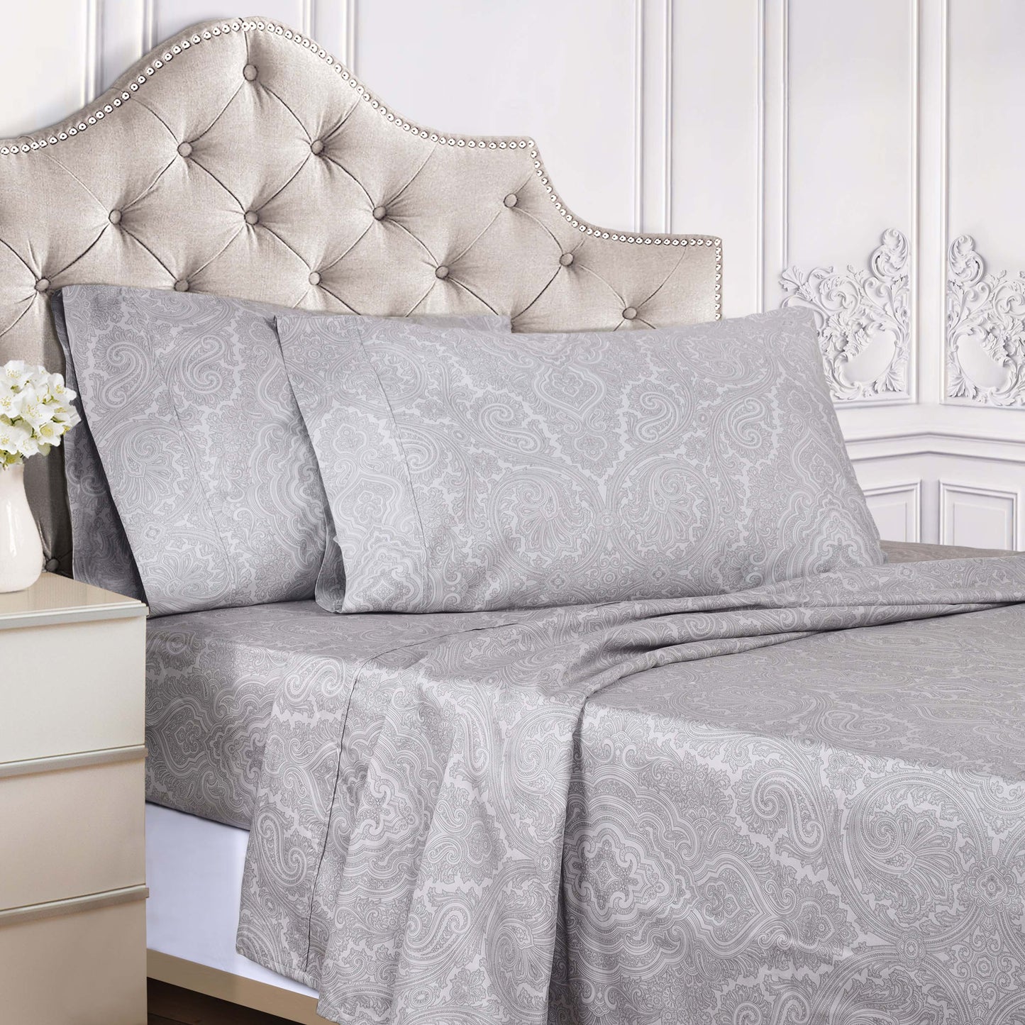 Italian Paisley 600 Thread Count Cotton Blend Deep Pocket Sheet Set - Gray