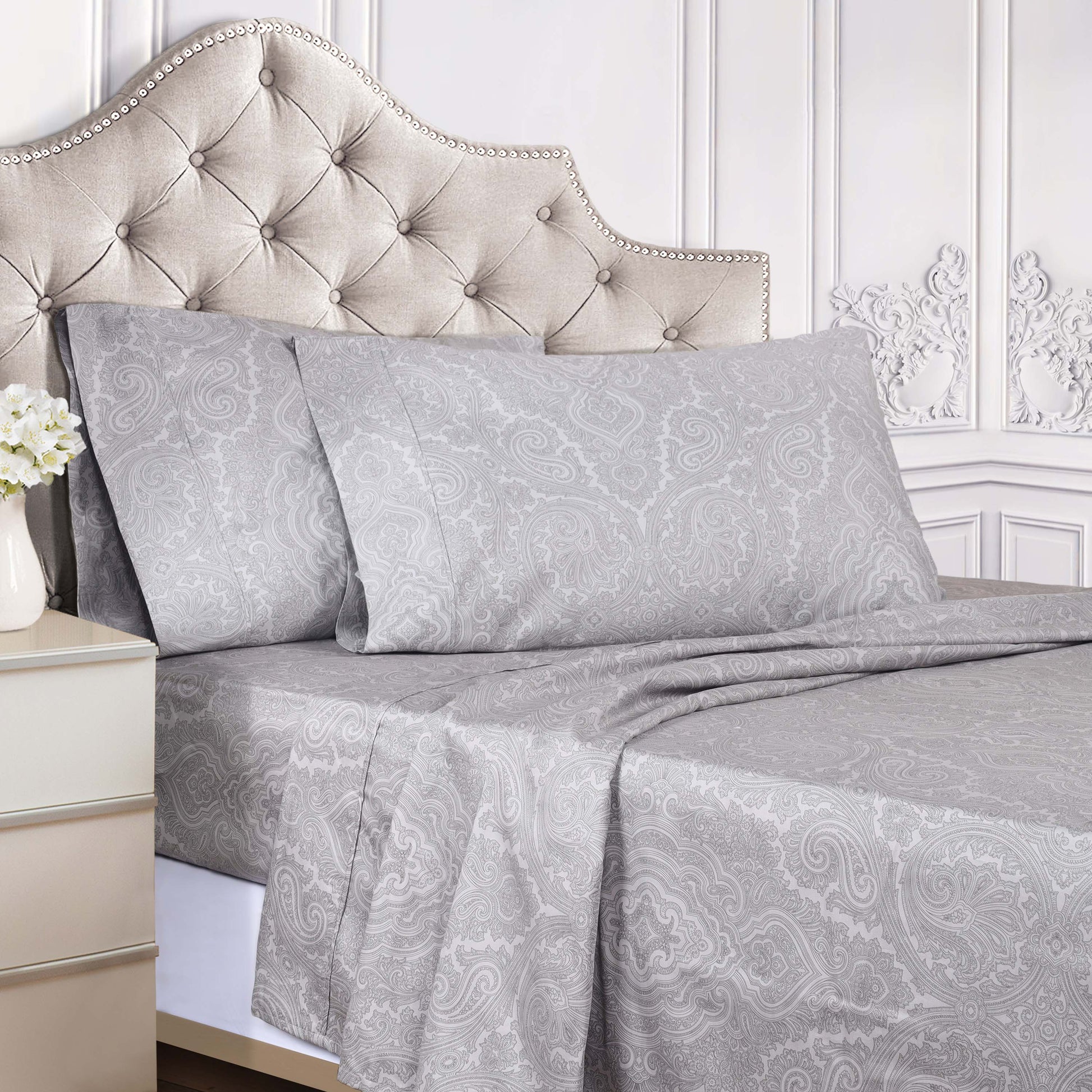 Italian Paisley 600 Thread Count Cotton Blend Deep Pocket Sheet Set - Gray