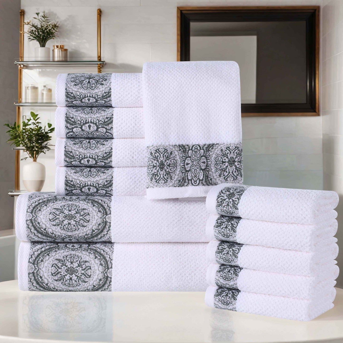 Medallion Cotton Jacquard Textured Soft Absorbent 12 Piece Towel Set - Gray