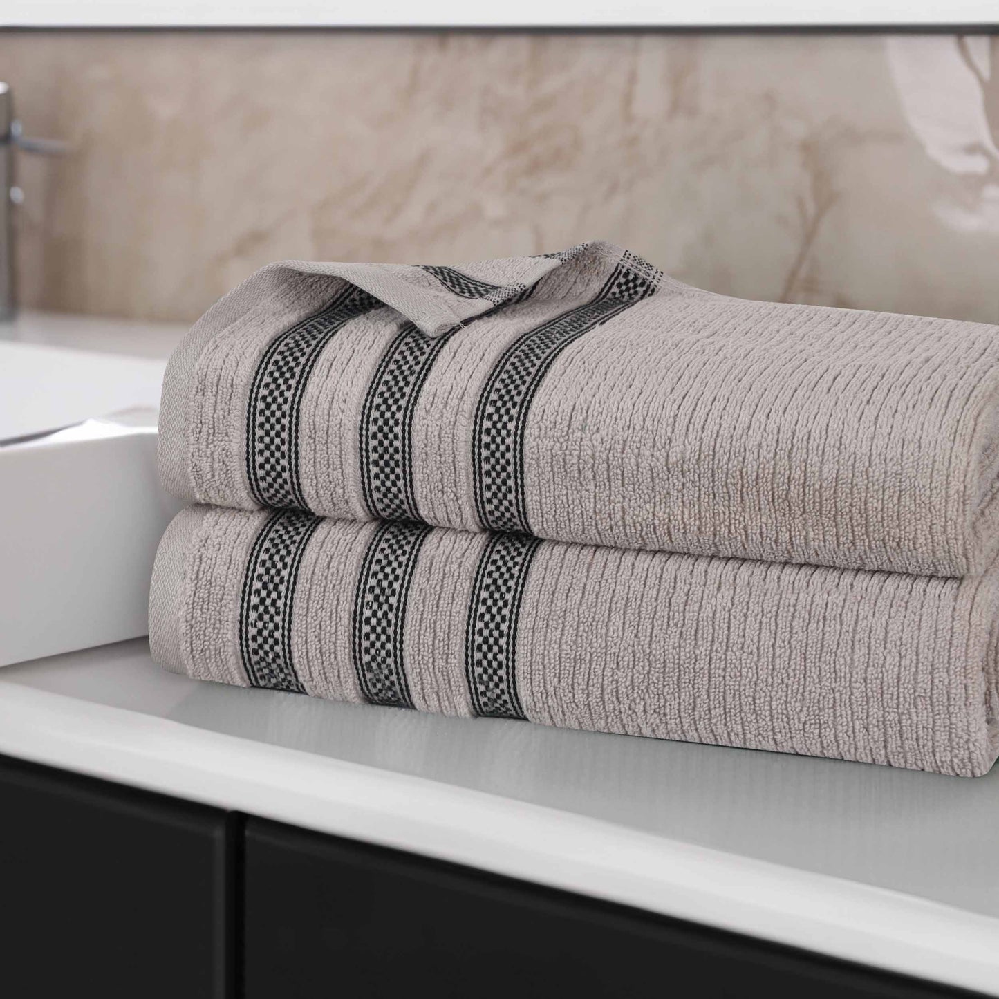 Brea Zero Twist Cotton Ribbed Geometric Border Bath Sheet Set of 2