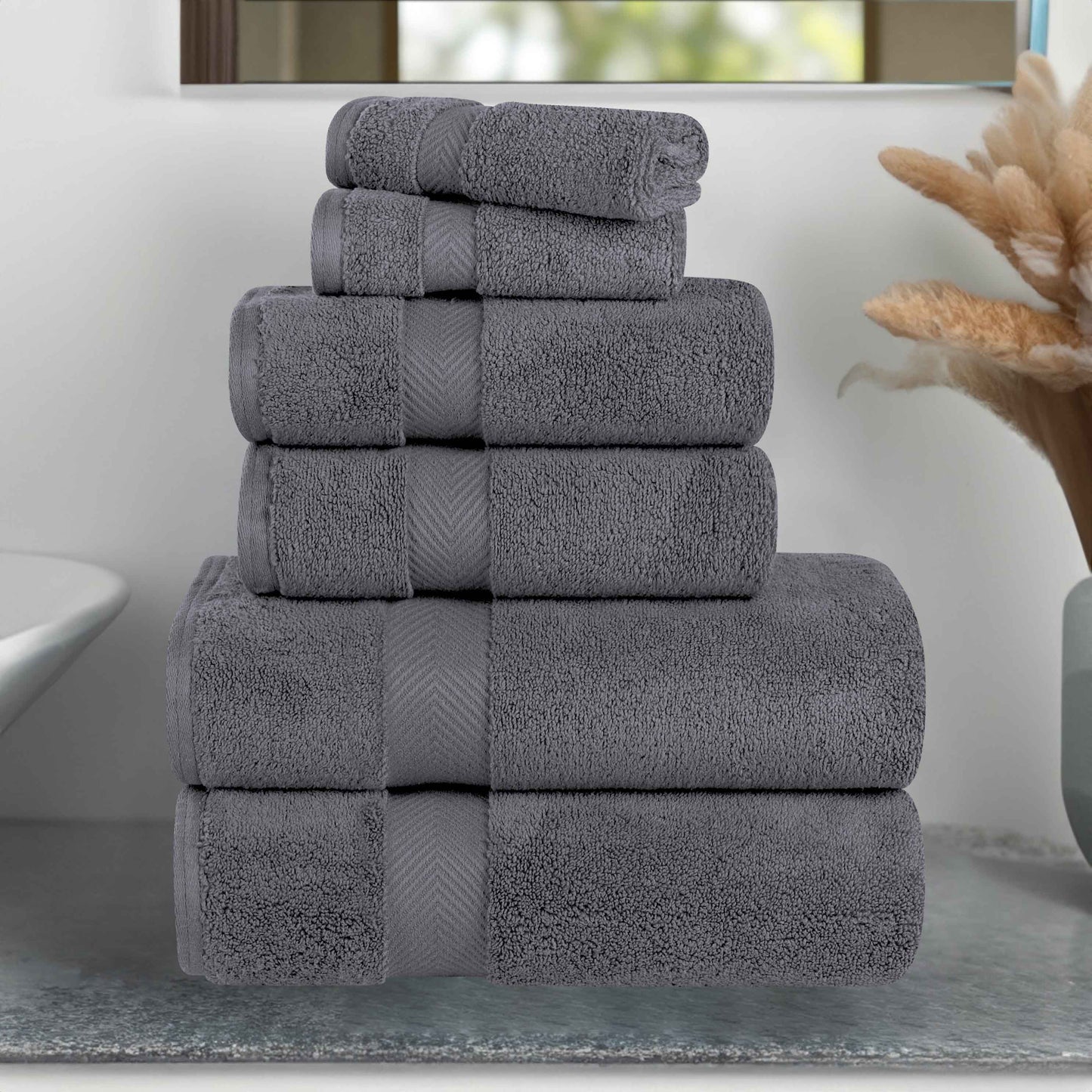 Zero-Twist Cotton Quick-Drying Absorbent Assorted 6 Piece Towel Set - Gray