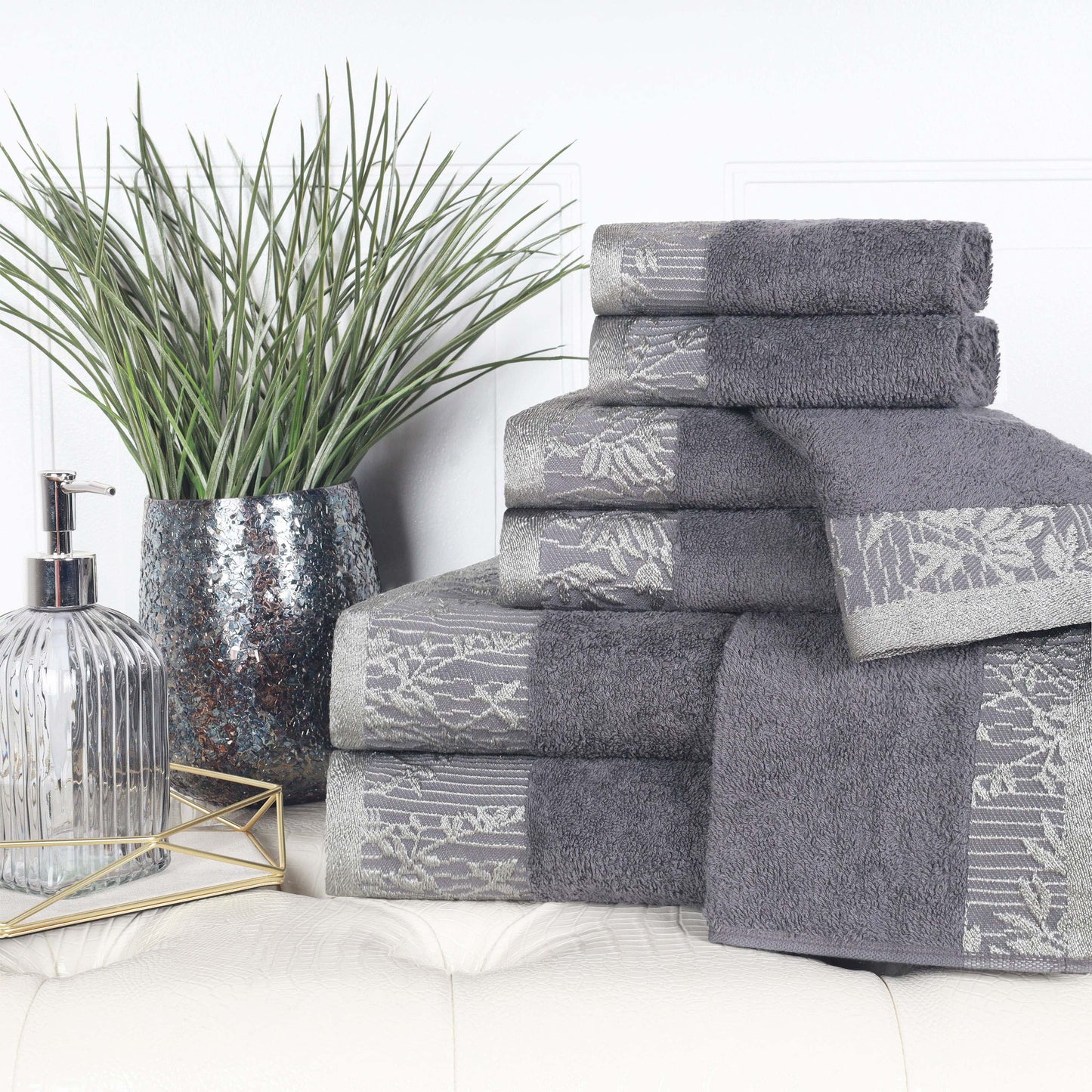 Wisteria Cotton Medium Weight Floral Jacquard Border 8 Piece Towel Set