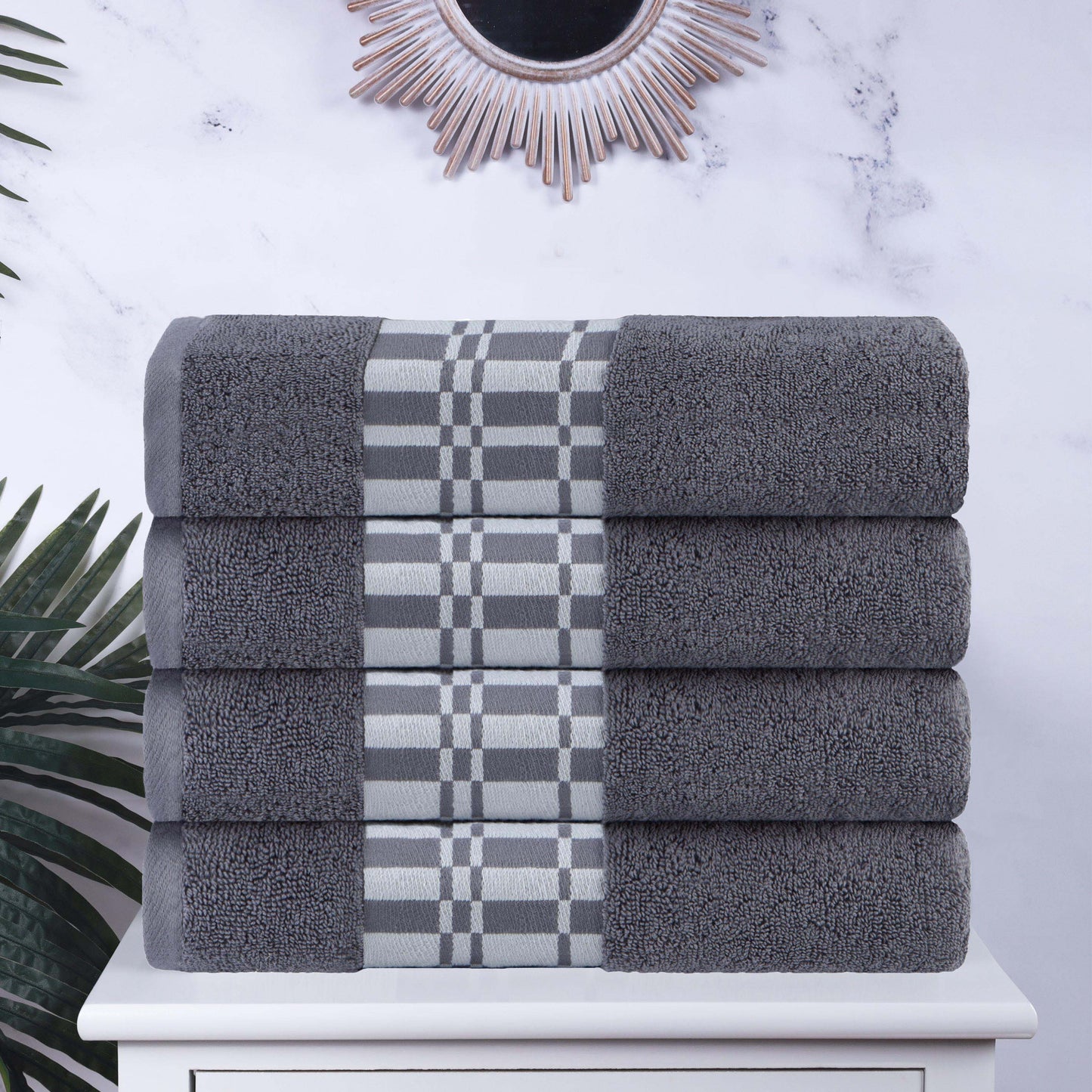 Larissa Cotton Geometric Border Bath Towel Set of 4 - Gray