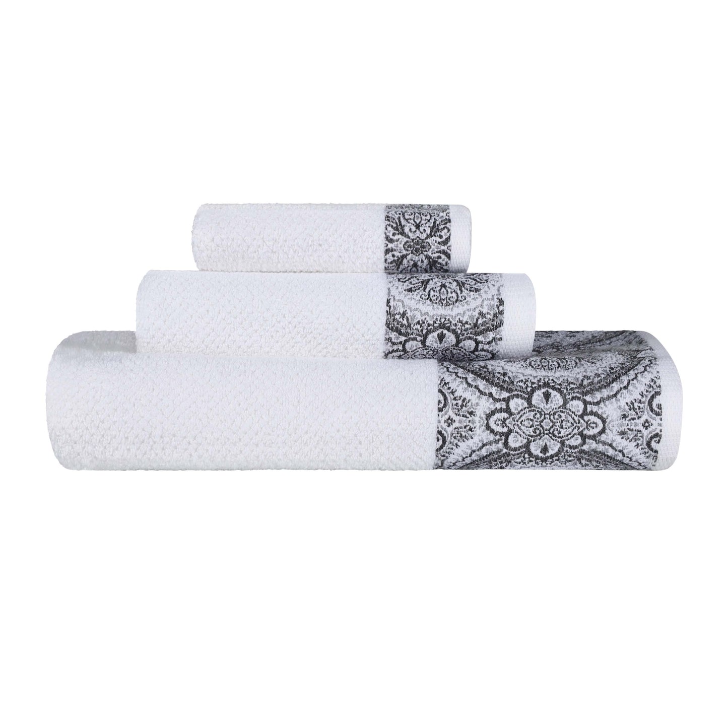 Medallion Cotton Jacquard Textured Soft Absorbent 3 Piece Towel Set - Gray