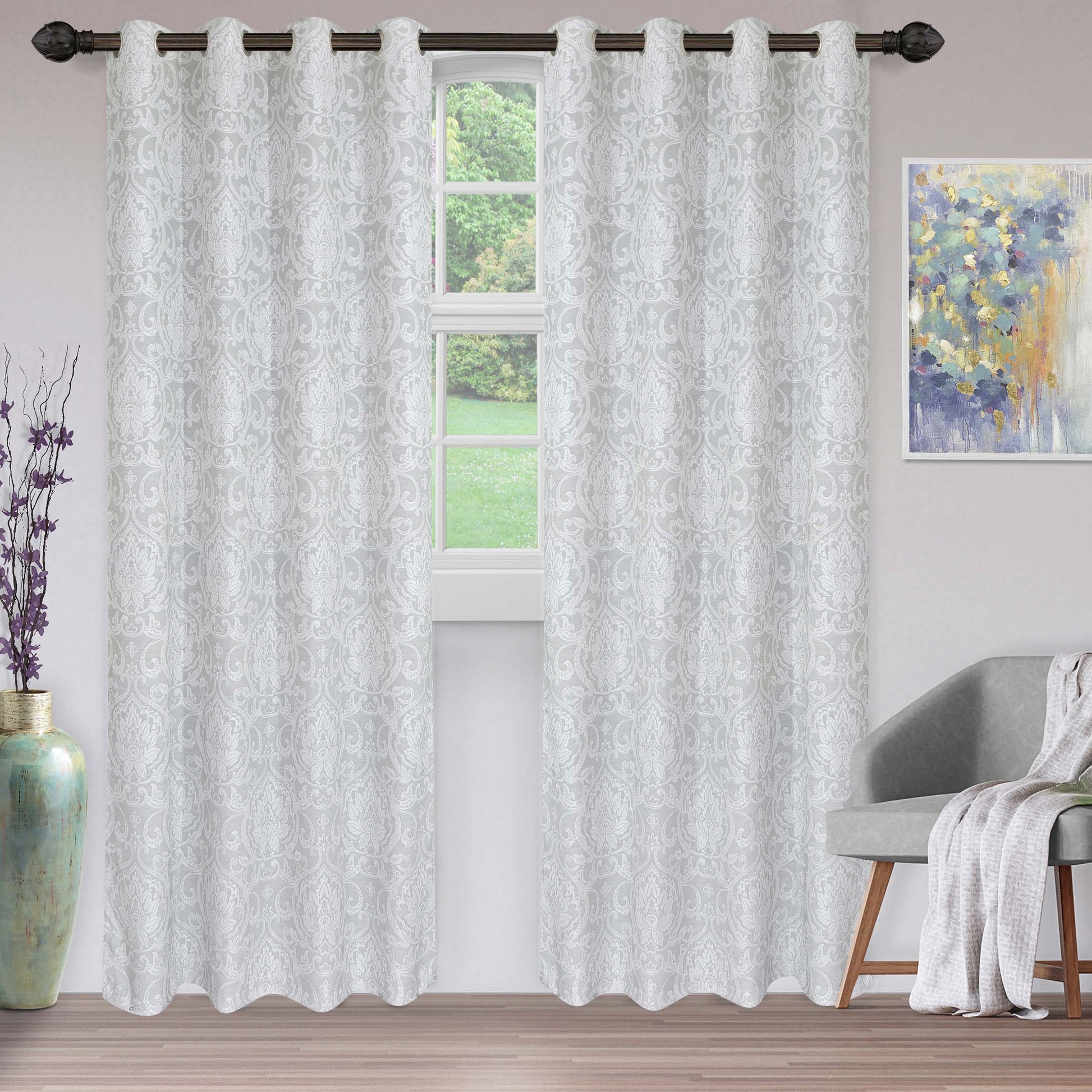 Jacquard Light Filtering Floral Damask Grommet Curtain Panels Set of 2 - Gray