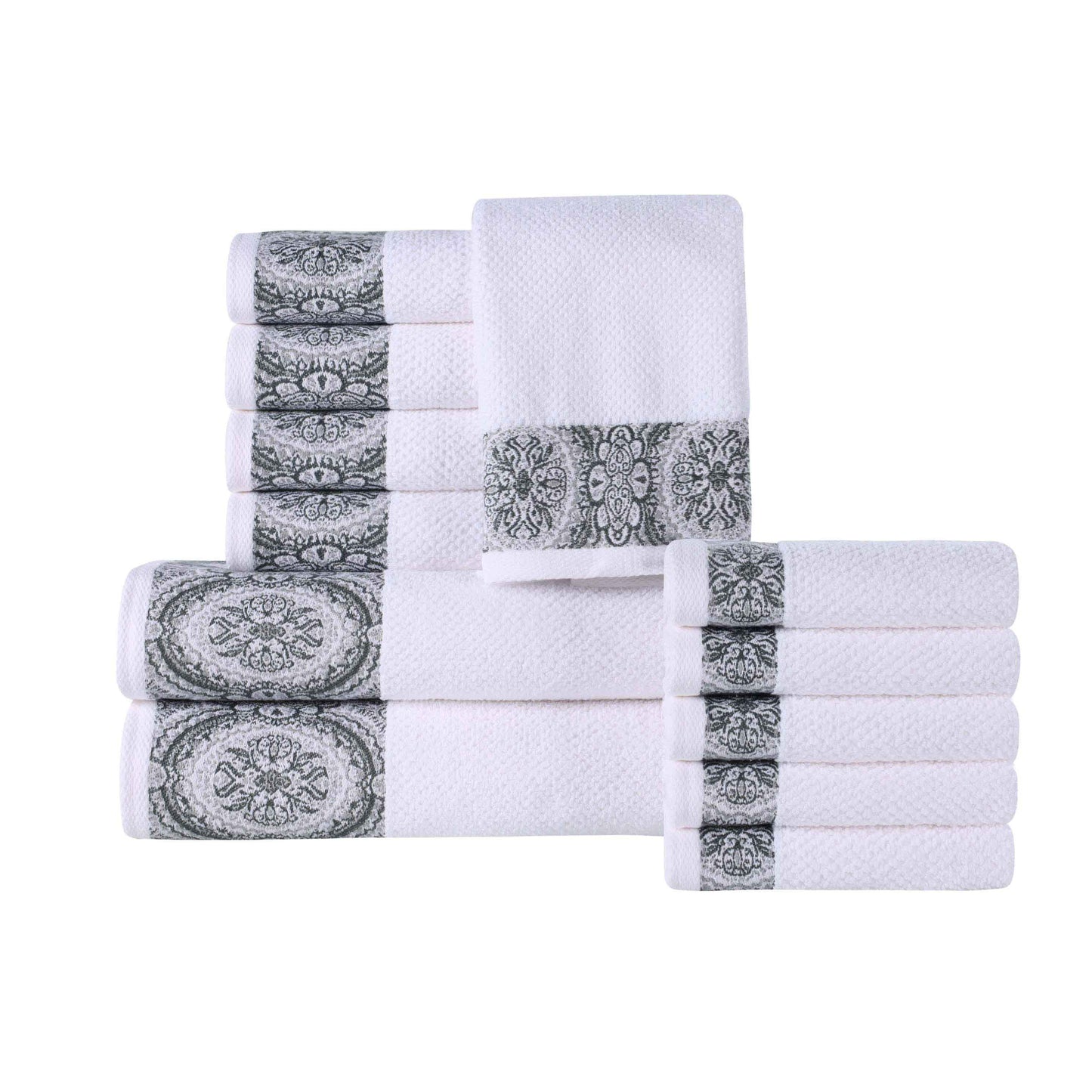 Medallion Cotton Jacquard Textured Soft Absorbent 12 Piece Towel Set - Gray
