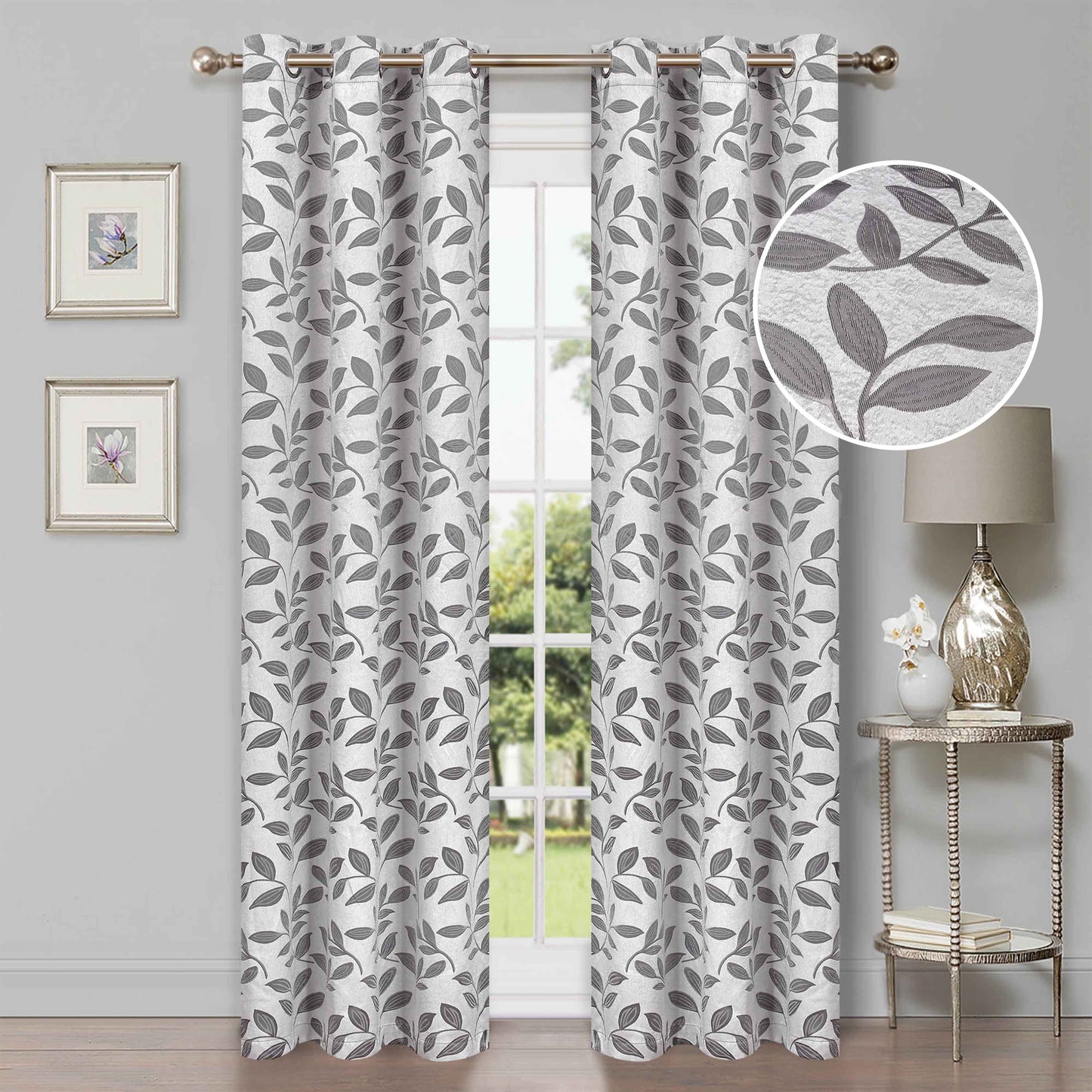 Leaves Machine Washable Room Darkening Blackout Curtains, Set of 2 - Gray