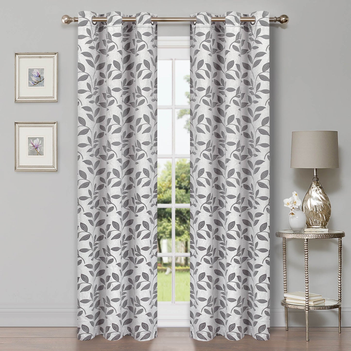 Leaves Machine Washable Room Darkening Blackout Curtains, Set of 2 - Gray