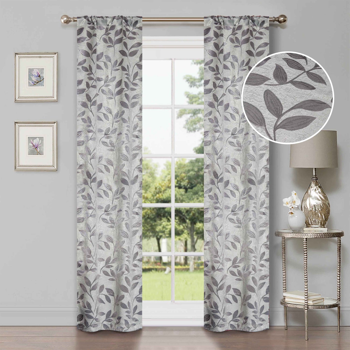 Leaves Machine Washable Room Darkening Blackout Curtains, Set of 2 - Gray