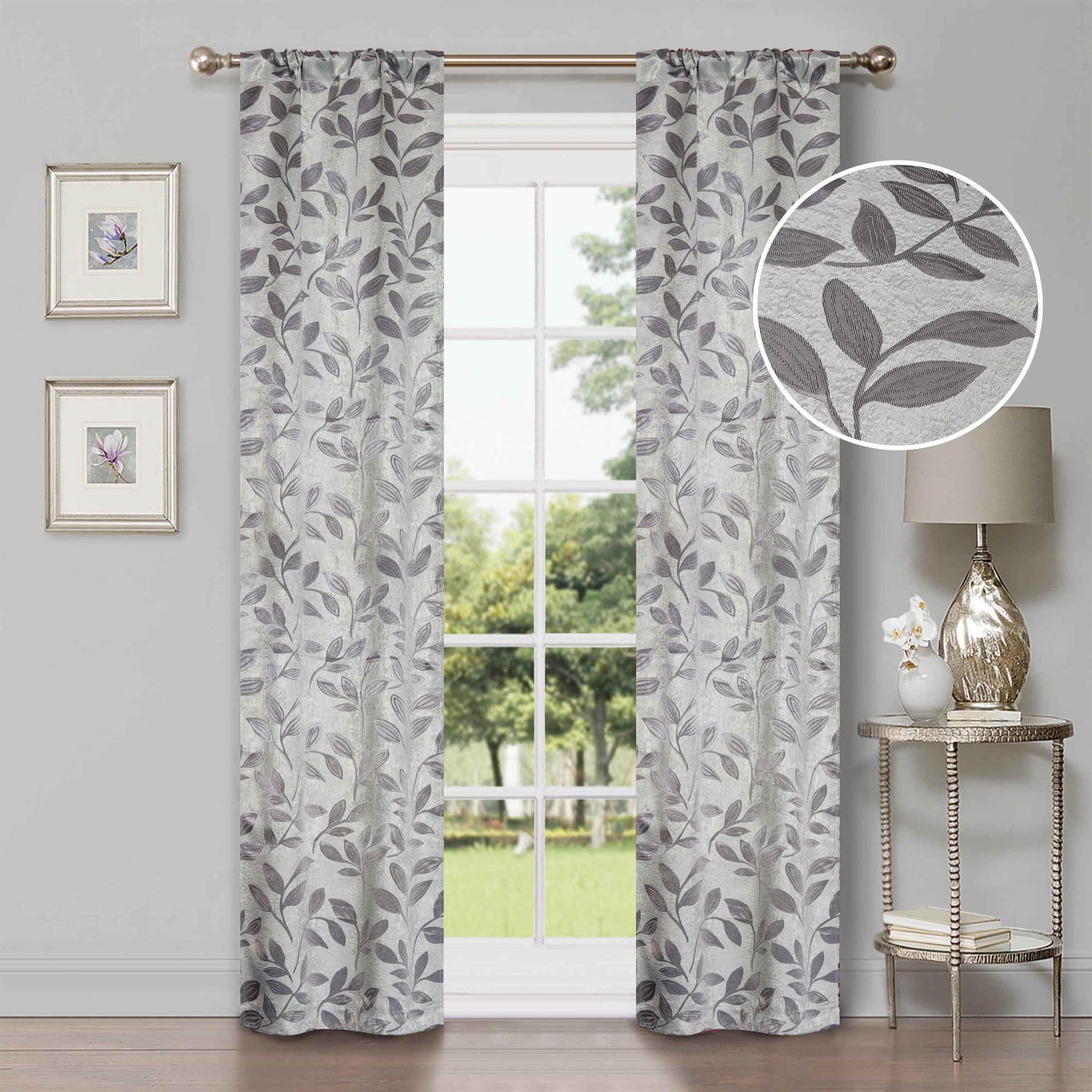 Leaves Machine Washable Room Darkening Blackout Curtains, Set of 2 - Gray