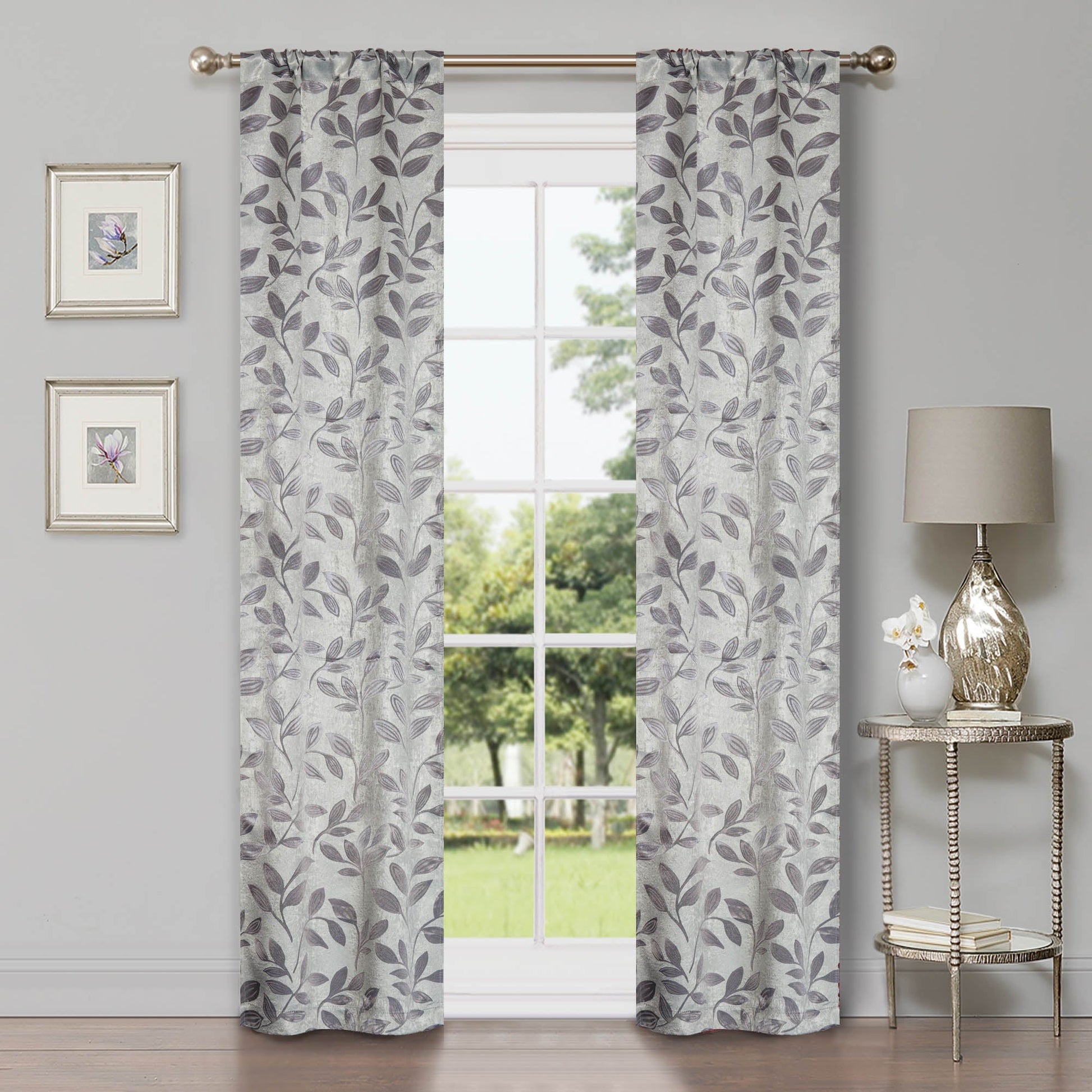 Leaves Machine Washable Room Darkening Blackout Curtains, Set of 2 - Gray