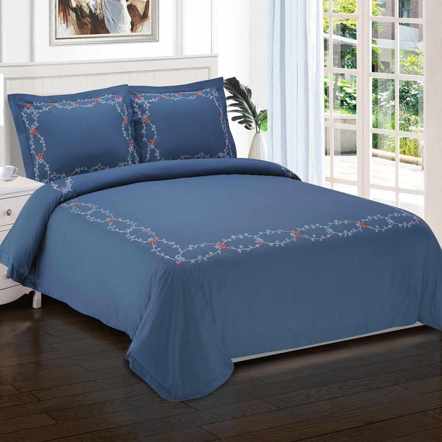 Superior Helena Embroidered Floral Cotton Duvet Cover Set - Blue