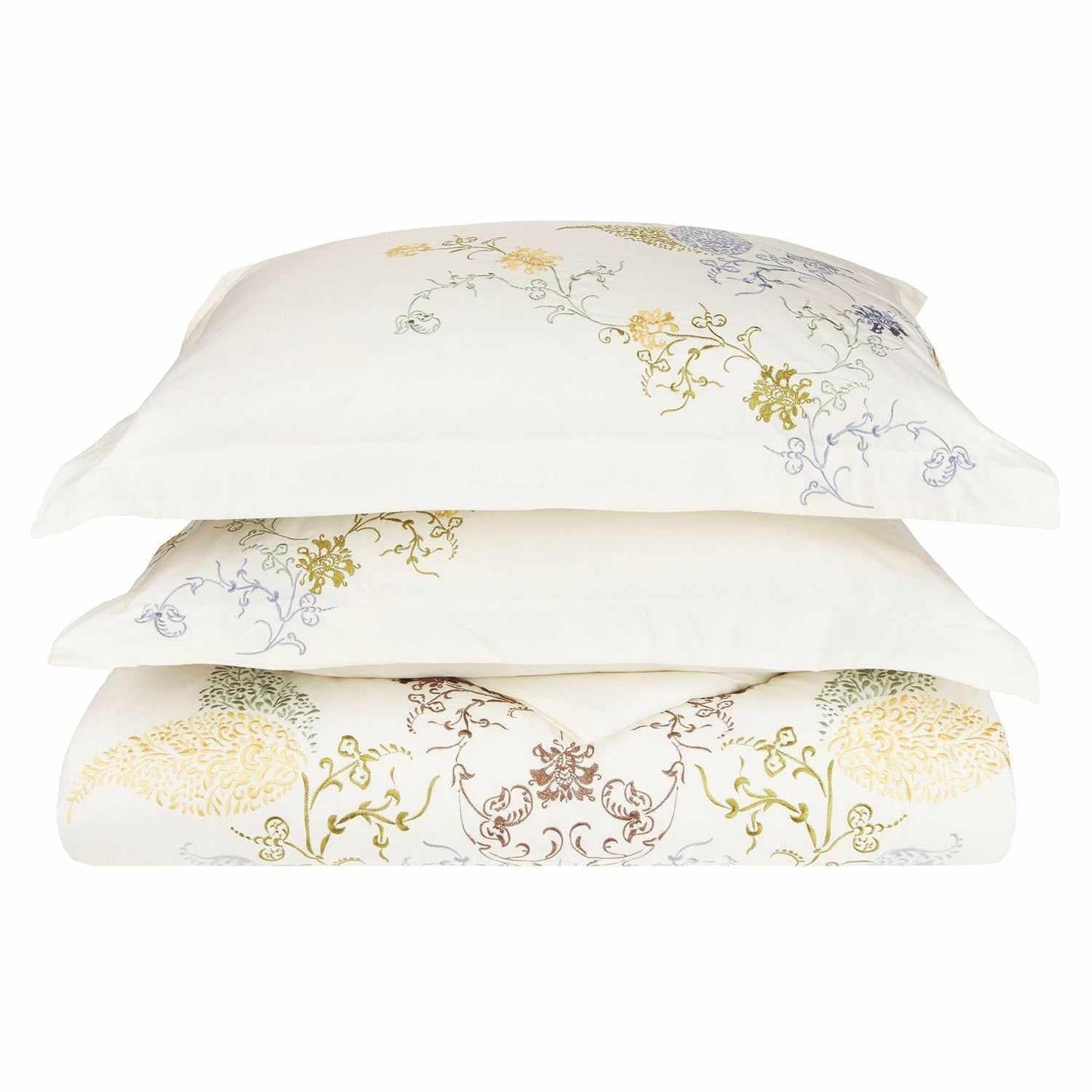Superior Hyacinth Embroidered Floral Cotton Duvet Cover Set - White