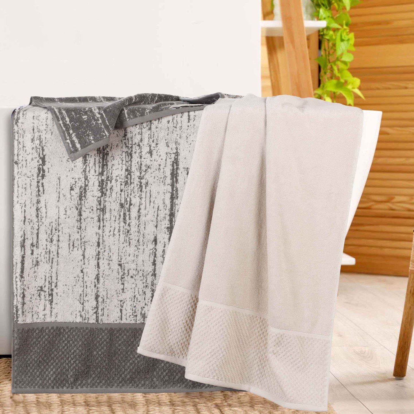 Lodie Cotton Jacquard Solid and Two-Toned Bath Sheet - Ivory-Charcoal