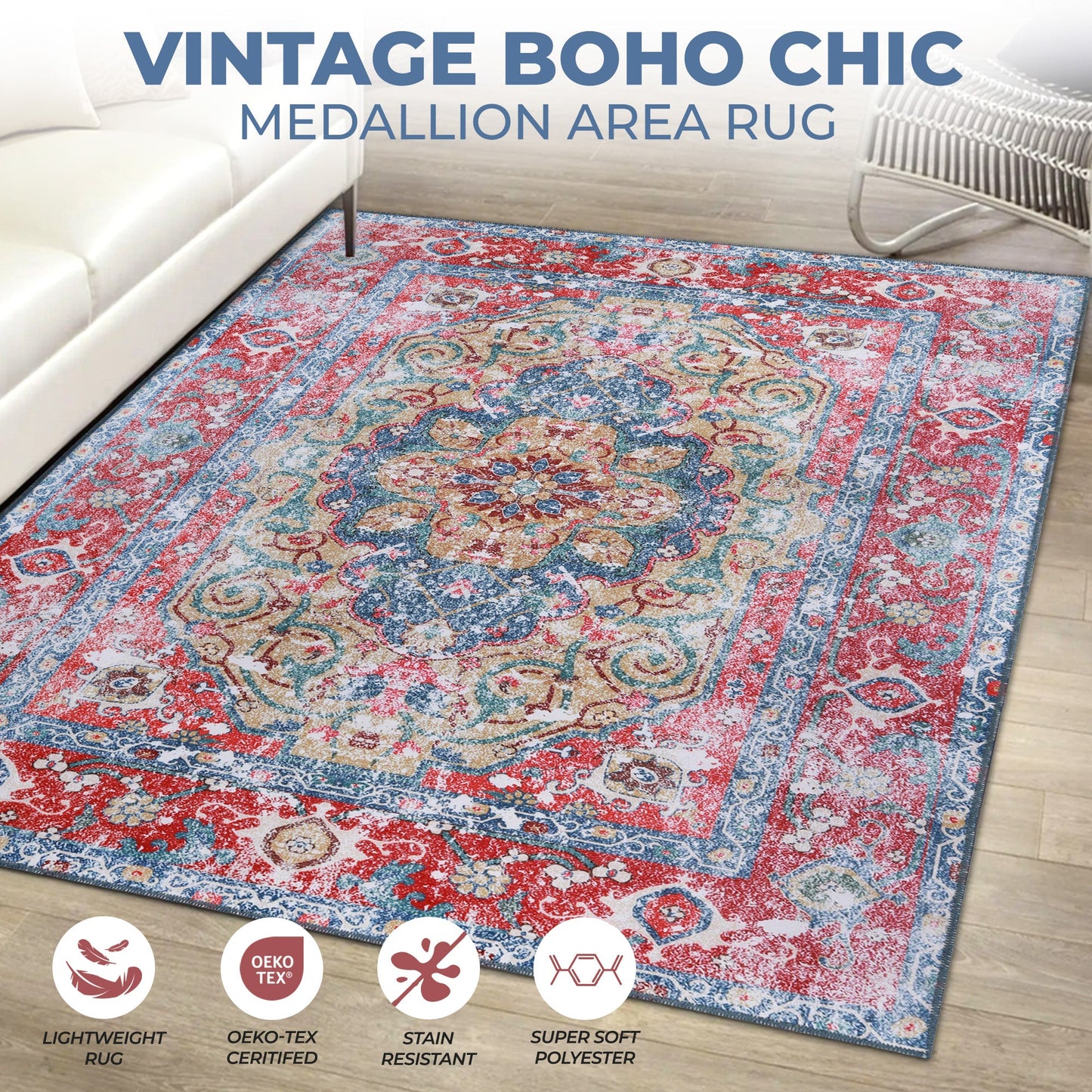 Tanager Rustic Medallion Non-Slip Washable Indoor Area Rug or Runner