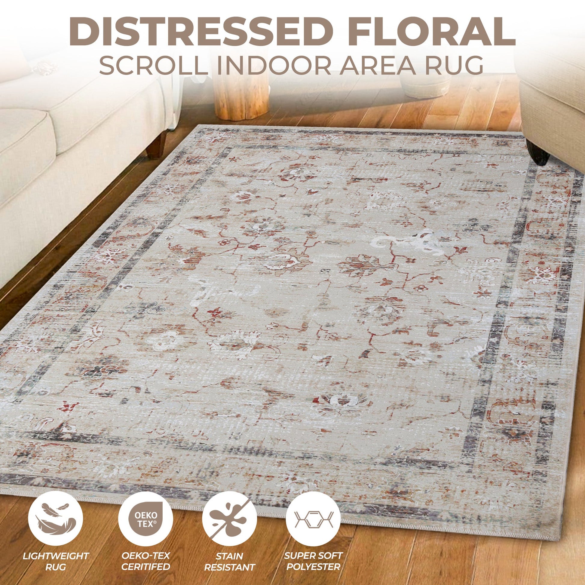Swan Floral Scroll Non-Slip Machine Washable Indoor Area Rug or Runner