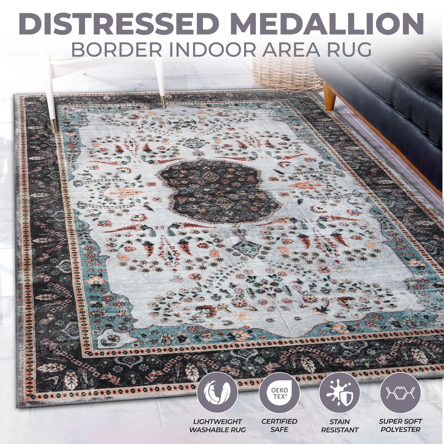 Sparrow Classic Medallion Machine Washable Indoor Area Rug or Runner - Cream