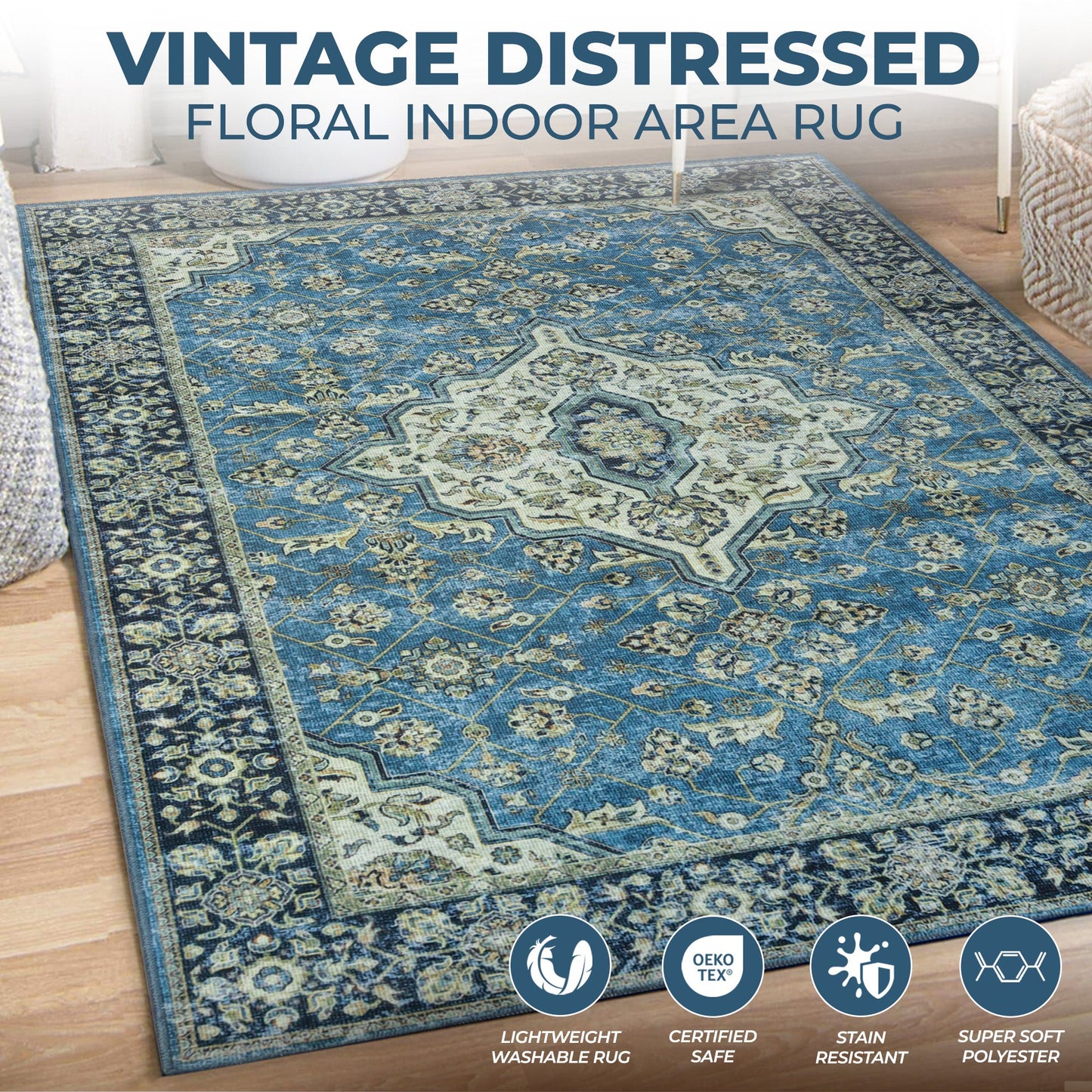 Classic Damask Medallion Border Washable Indoor Area Rug or Runner