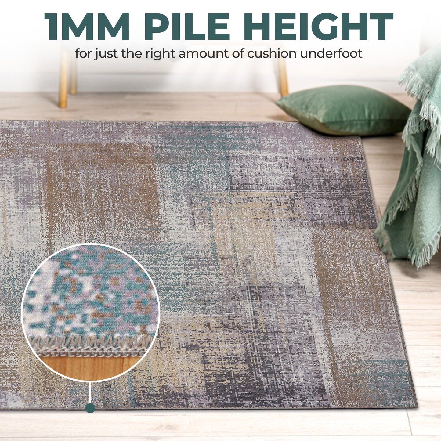Ara Brushed Patchwork Non-Slip Washable Indoor Area Rug or Runner - Taupe