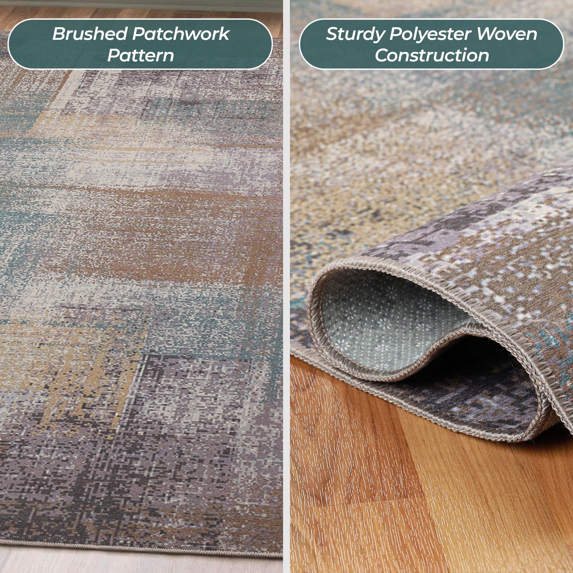 Ara Brushed Patchwork Non-Slip Washable Indoor Area Rug or Runner - Taupe