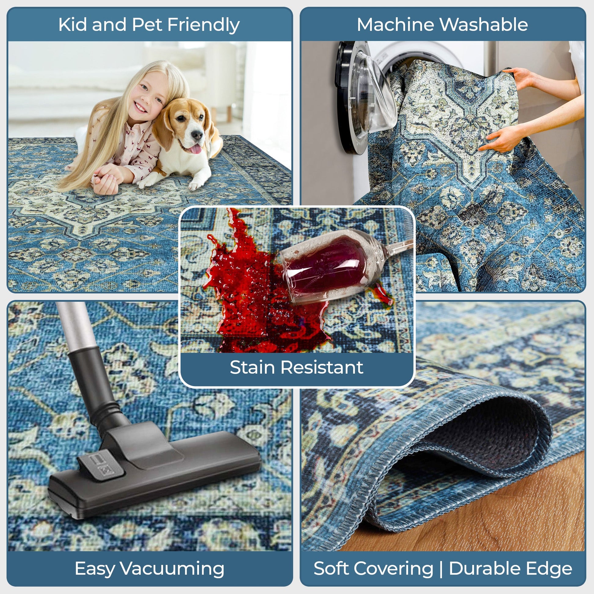 Classic Damask Medallion Border Washable Indoor Area Rug or Runner