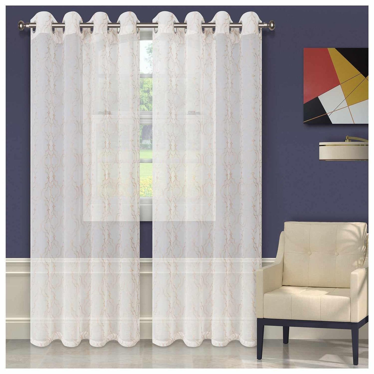 Embroidered Imperial Trellis Sheer Grommet Curtain Panel Set