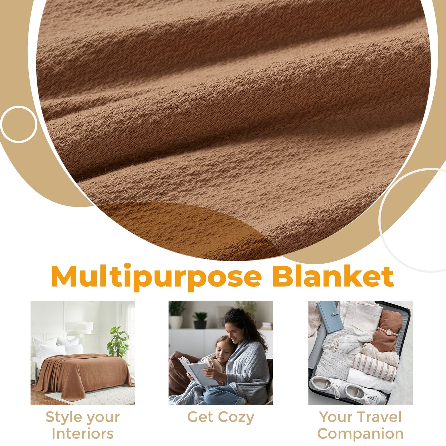 Waffle Weave Honeycomb Knit Soft Solid Textured Cotton Blanket - Camel