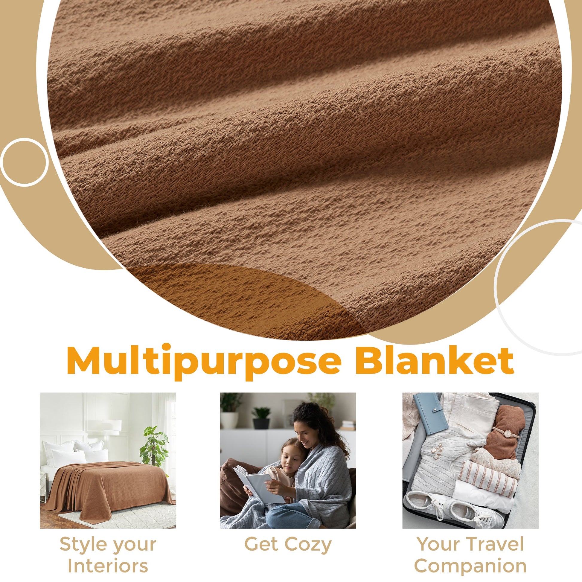 Waffle Weave Honeycomb Knit Soft Solid Textured Cotton Blanket - Camel