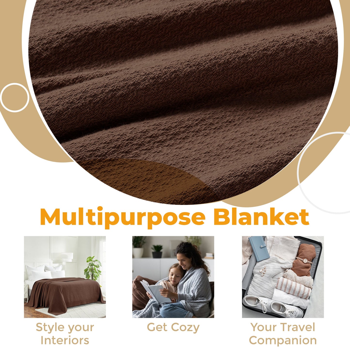 Waffle Weave Honeycomb Knit Soft Solid Textured Cotton Blanket - Chocolate