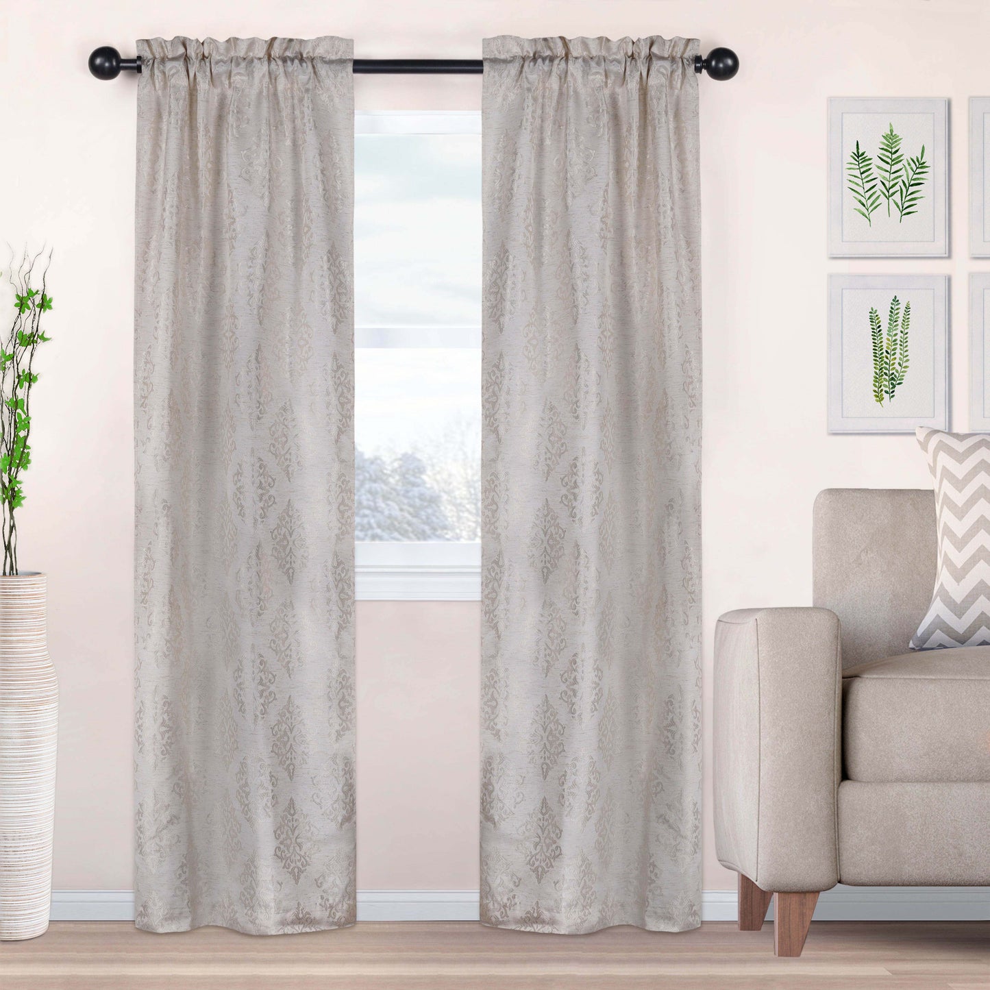Venetian Damask Jacquard Curtain Panels, Set of 2 - Ivory