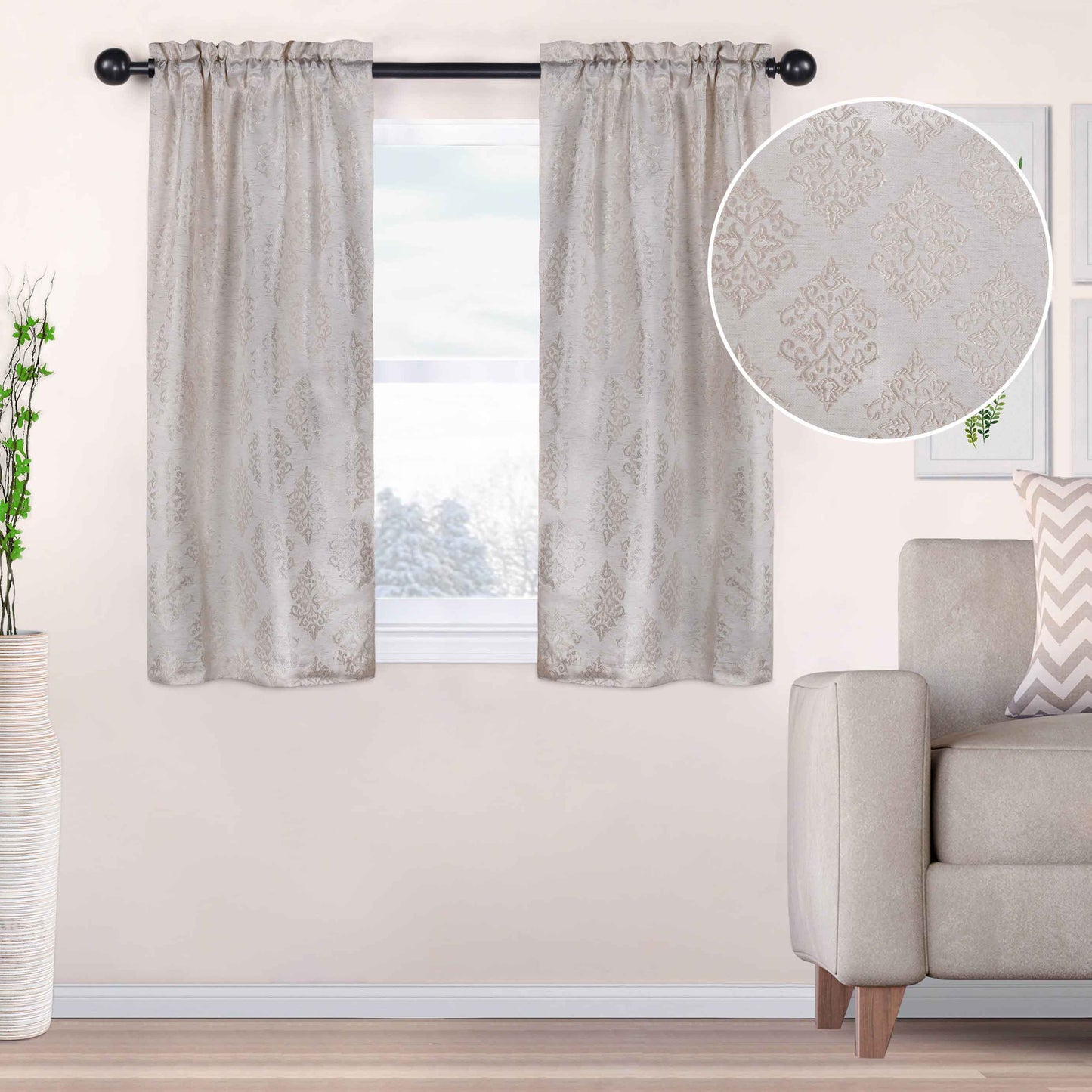 Venetian Damask Jacquard Curtain Panels, Set of 2 - Ivory