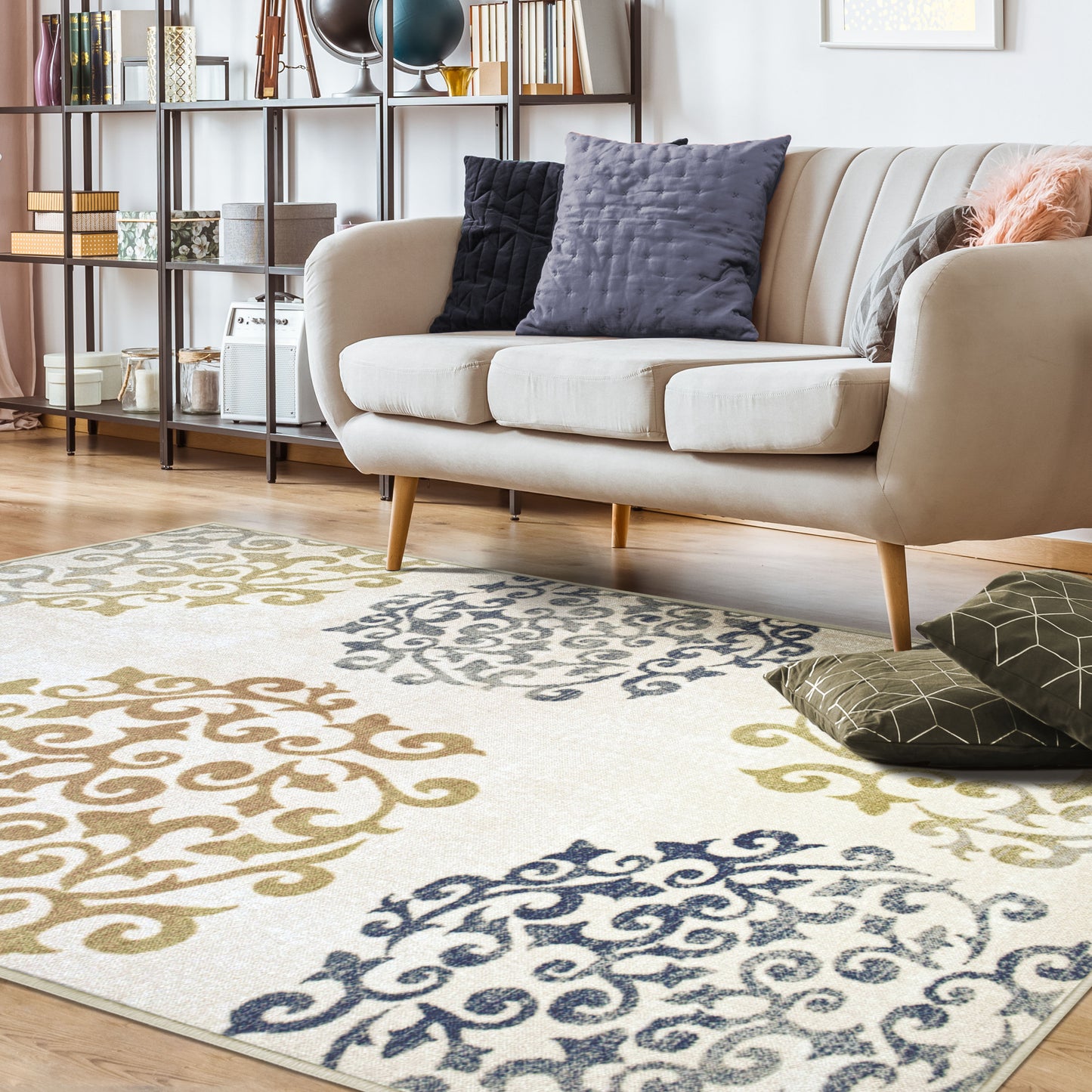 Amber Floral Scroll Medallion Non-Slip Washable Indoor Area Rug or Runner - Ivory