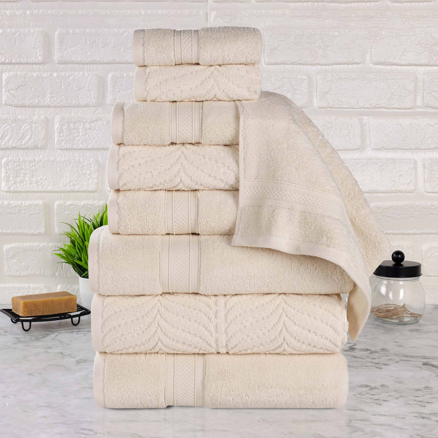 Chevron Zero Twist Solid and Jacquard Cotton 9 Piece Towel Set - Ivory