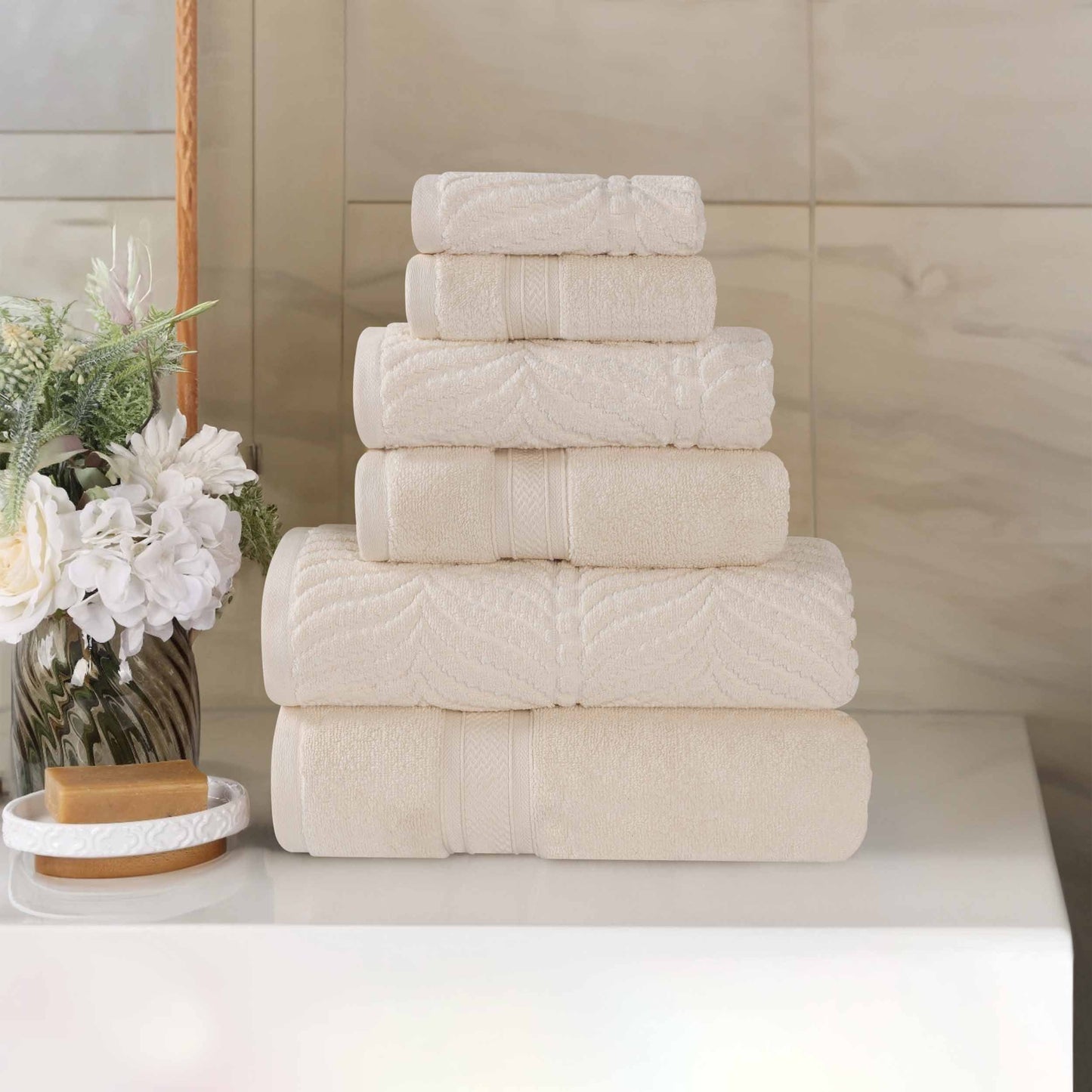 Chevron Zero Twist Solid and Jacquard Soft Cotton 6 Piece Towel Set - Ivory