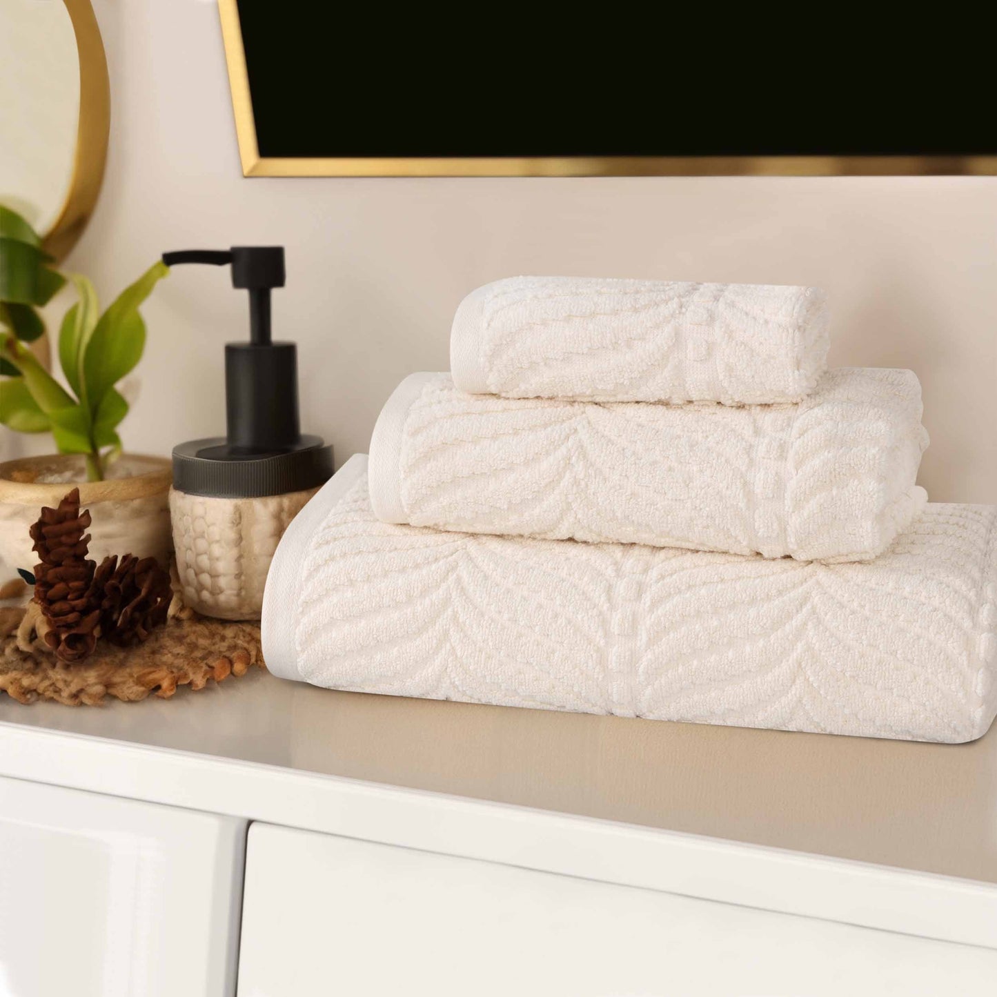Chevron Zero Twist Jaquard Cotton 3 Piece Bathroom Towel Set - Ivory