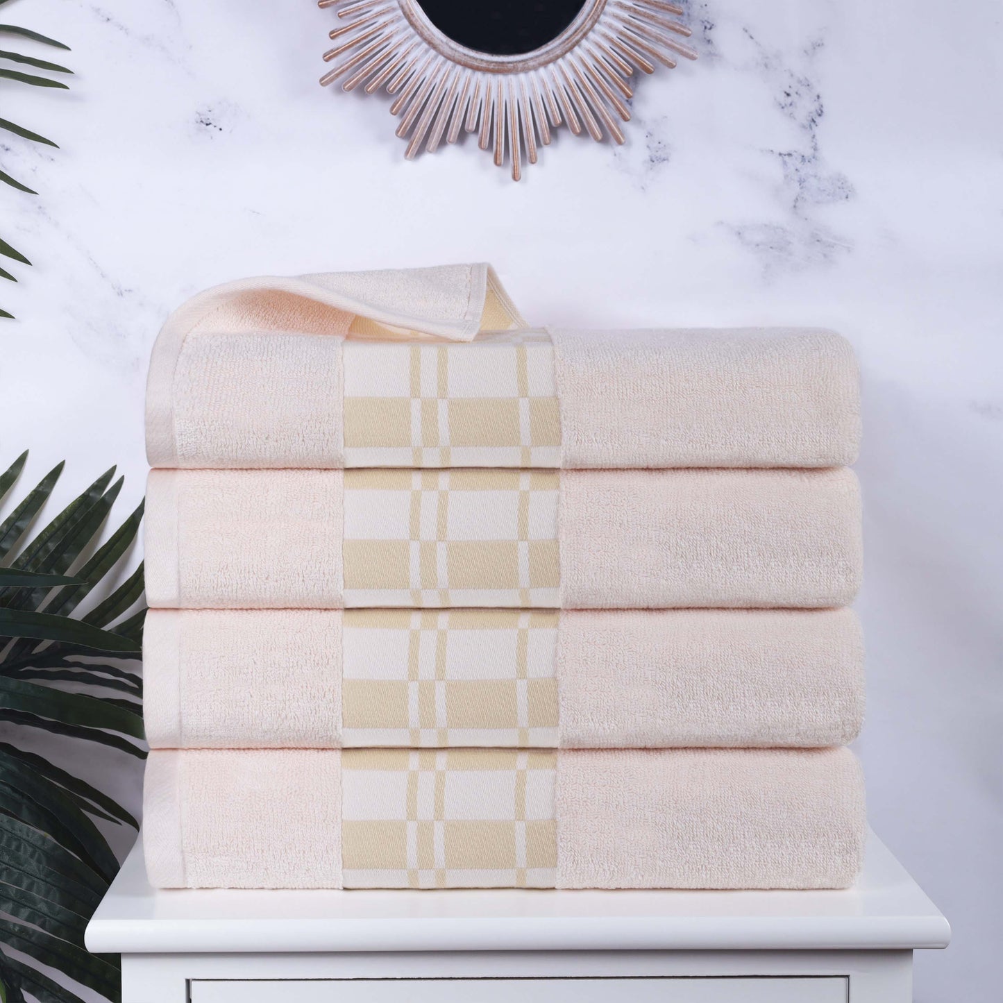 Larissa Cotton Geometric Border Bath Towel Set of 4 - Ivory