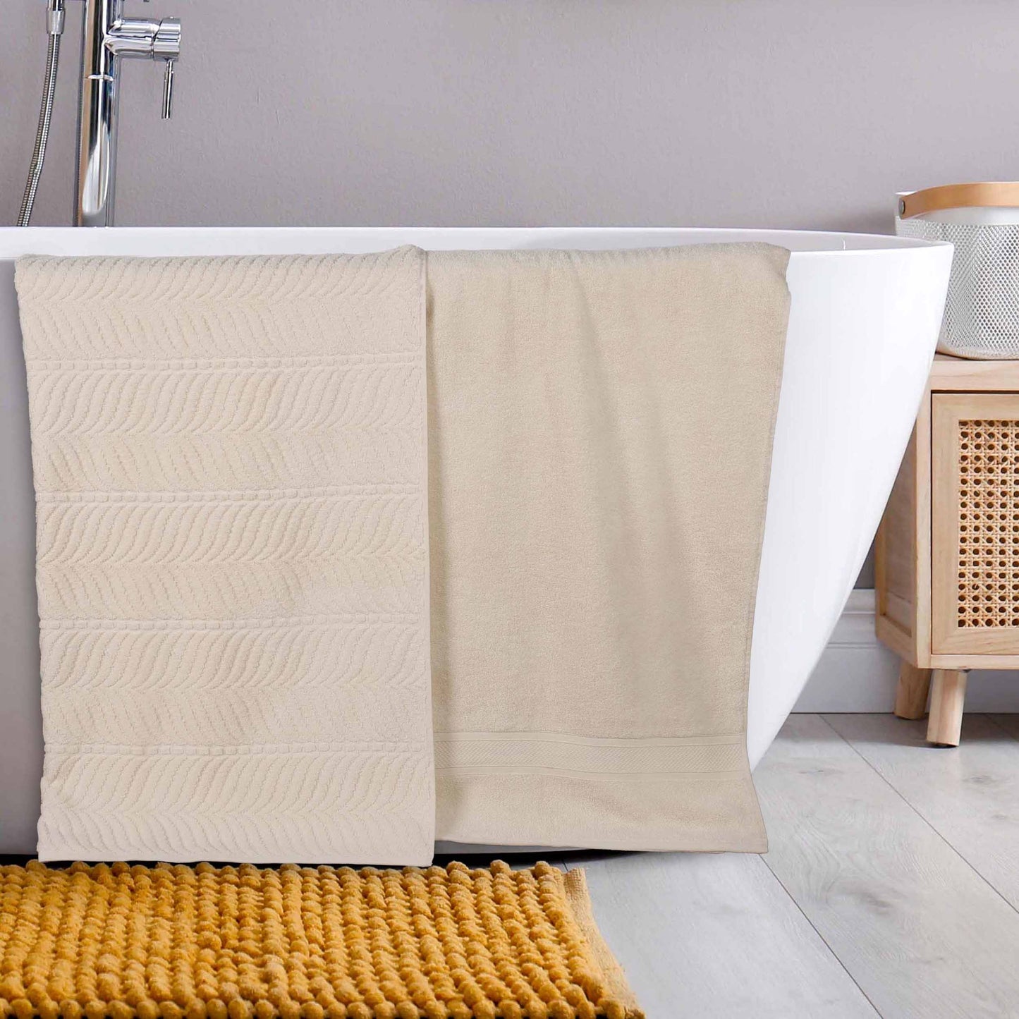Chevron Zero Twist Solid and Jacquard Soft Cotton Bath Sheet Set of 2 - Ivory