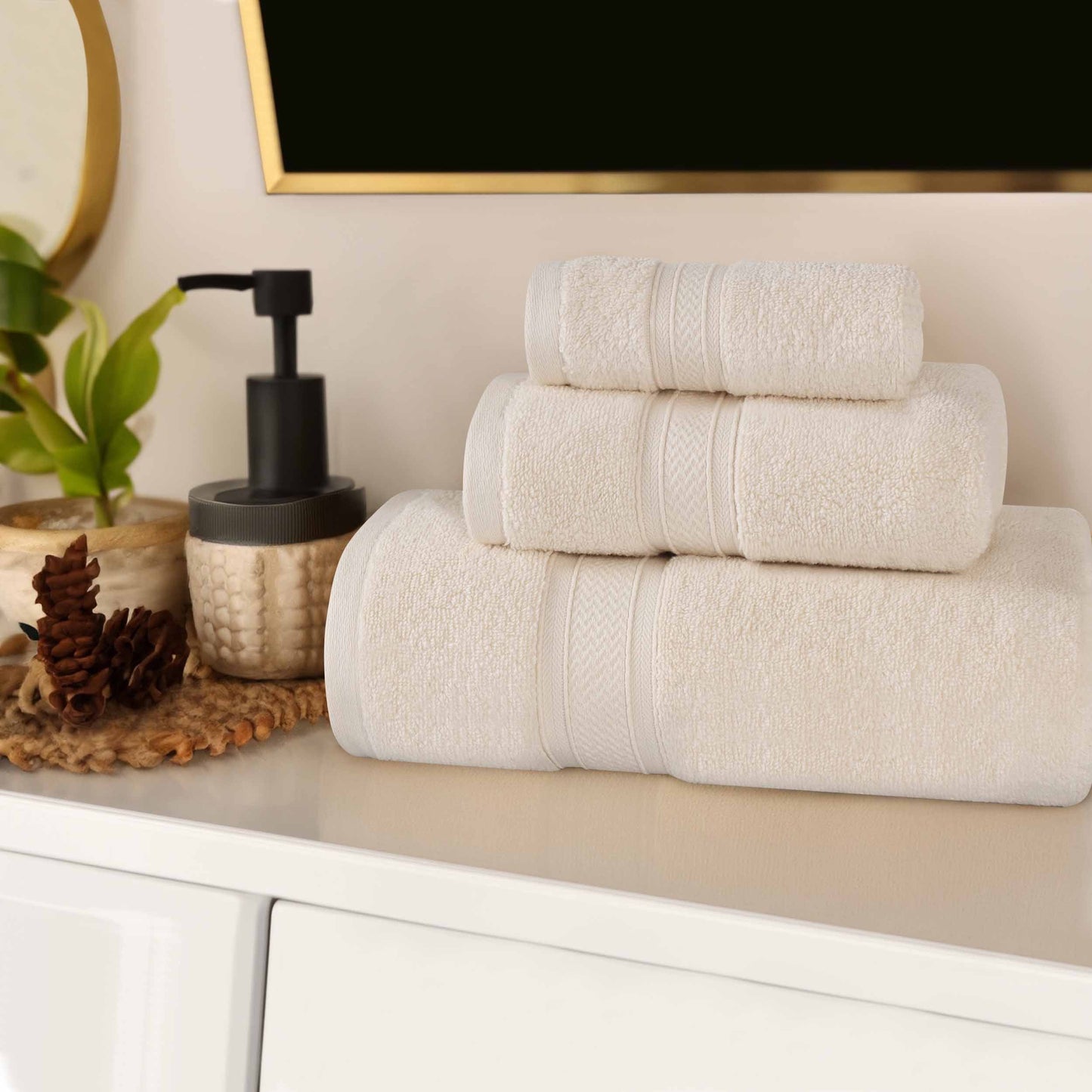 Chevron Zero Twist Solid Soft Absorbent Cotton 3 Piece Towel Set - Ivory