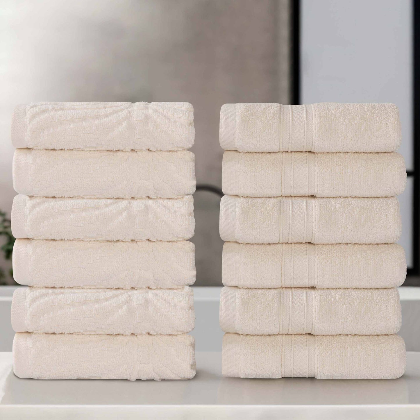 Chevron Zero Twist Solid and Jacquard Soft Cotton Washcloth Set of 12 - Ivory