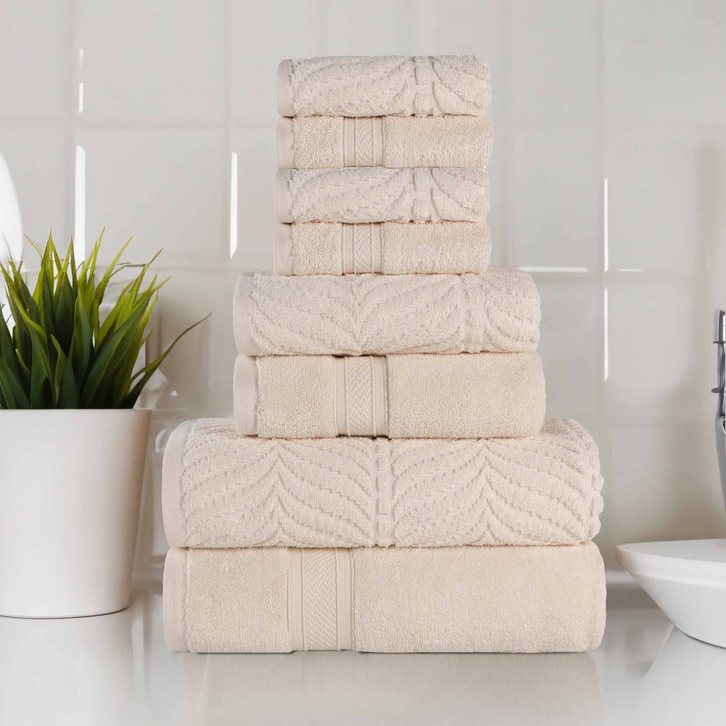 Chevron Zero Twist Solid and Jacquard Cotton 8 Piece Towel Set - Ivory